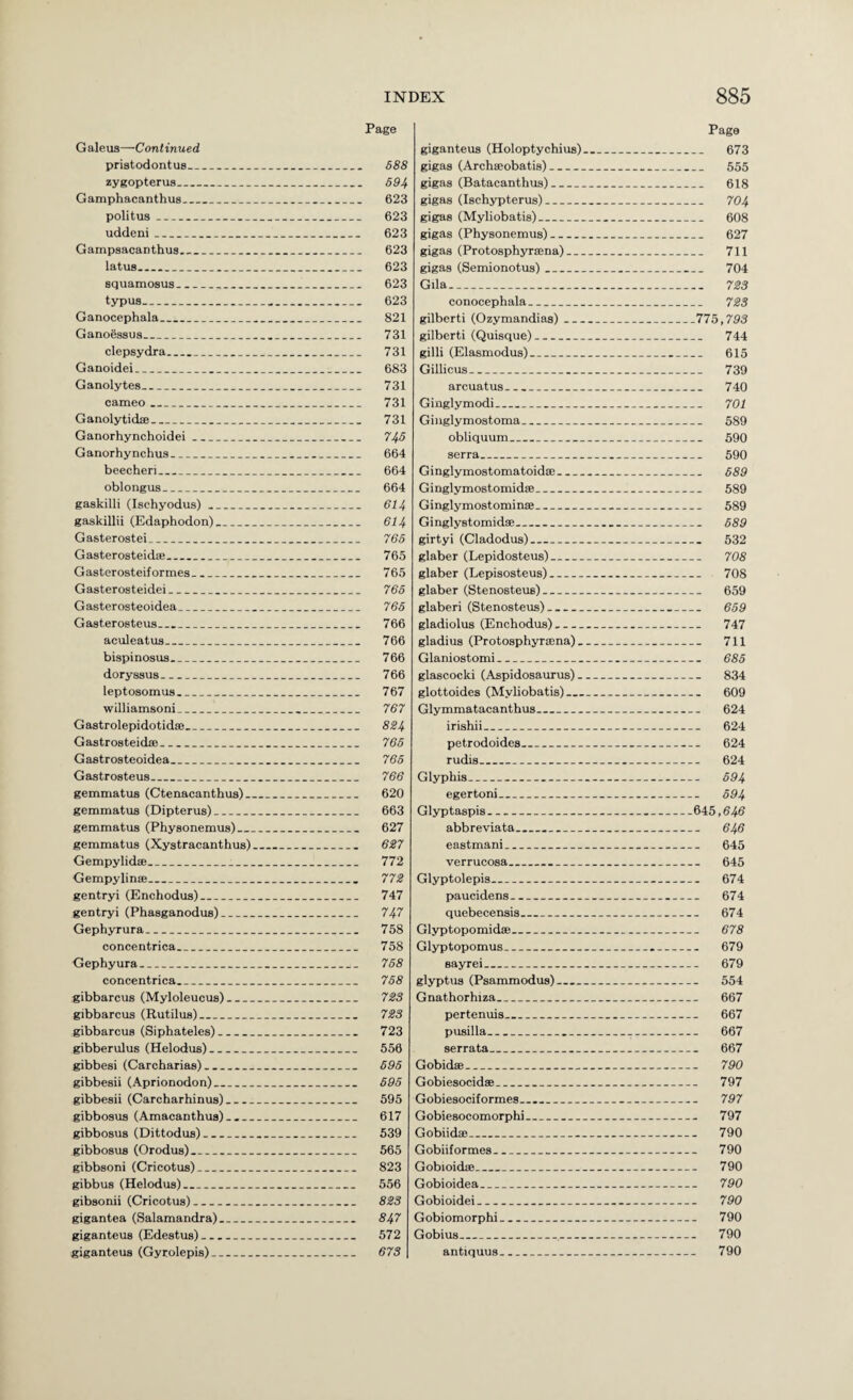 Galeus—Continued priatodontus_ zygopterus_ Gamphacanthus_ politus_ uddeni_ Gampsacanthus_ latua_ squamosus_ typus_ Ganocephala_ Ganoessua_ clepsydra_ Ganoidei_ Ganolytes_ cameo_ Ganolytidffi_ Ganorhynchoidei_ Ganorhynchus_ beecheri_ oblongus_ gaskilli (Ischyodus)_ gaskillii (Edaphodon)_ Gasterostei_ Gasterosteid®_ Gasterosteif ormes_ Gasterosteidei_ G asterosteoidea_ Gast.erosteus_ aculeatua_ bispinosus_ doryaaus_ leptosomua_ williamsoni_ Gastrolepidotid®_ Gastroateidse_ Gaatroateoidea_ Gastrosteua_ gemmatus (Ctenacanthus)-, gemmatus (Dipterus)_ gemmatus (Physonemus)... gemmatus (Xystracanthua) Gempylidffi_ Gempylinffi_ gentry! (Enchodus)_ gentry! (Phasganodus)_ Gephyrura_ concentr!ca_ Gephyura_ concentrica_ g!bbarcus (Myloleucus)_ gibbarcus (Rutilua)_ gibbarcuB (Siphateles)_ g!bberulus (Helodus)_ g!bbes! (Carcharias)_ g!bbeB!! (Aprionodon)_ g!bbes!! (CarcharWnus). . .. gibbosus (Amacanthua) . . .. g!bbosu8 (D!ttodus)_ gibbosus (Orodus)_ gibbson! (Cricotus)_ gibbua (Helodus)_ gibson!! (Cricotus)_ gigantea (Salamandra)_ giganteus (Edestus)_ giganteus (Gyrolepis)_ Page giganteus (Holoptychius)_ 673 gigas (Archffiobatis)_ 555 gigas (Batacanthus)_ 618 gigas (Ischypterus)_ 704 gigas (Myliobatis)_ 608 gigas (Physonemus)_ 627 gigas (Protosphyrffina)_ 711 gigas (Semionotus)_ 704 Gila- 7S3 conocephala_ 733 gilbert! (Ozymandias)_775,793 gilbert! (Quisque)_ 744 gilli (Elasmodus)_ 615 Gillicus_ 739 arcuatus_ 740 Ginglymodi_ 701 Giiiglymostoma_ 589 obliquum_ 590 serra_ 590 Ginglymostomatoid®_ 689 Ginglymostomidffl_ 589 Ginglymostomin®_ 589 Ginglystomid®_ 589 girtyi (Cladodua)_ 532 glaber (Lepidosteus)_ 708 glaber (Lepisosteus)_ 708 glaber (Stenosteus)_ 659 glaberi (Stenosteus)_ 659 gladiolus (Enchodus),_ 747 gladius (Protosphyr®na)_ 711 Glaniostomi_ 685 glascocki (Aspidosaurus)_ 834 glottoides (Myliobatis)_ 609 Glymmatacanthus_ 624 irishii_ 624 petrodoides_ 624 rudis_ 624 Glyphis_ 694 egertoni_ 694 Glyp taspis_645,646 abbreviata___ 646 eastmani_ 645 verrucosa_ 645 Glyptolepis_ 674 paucidens_ 674 quebecensis_ 674 Glyptopomid®_ 678 Glyptopomus_ 679 sayrei_ 679 glyptus (Psammodus)_ 554 Gnathorhiza_ 667 pertenuis_ 667 pusilla_ 667 serrata_ 667 Gobid®_ 790 Gobiesocidffi_ 797 Gobiesociformes___ 797 Gobiesocomorphi_ 797 Gobiid®_ 790 Gobiiformes_ 790 Gobioid®_ 790 Gobioidea_ 790 Gobioidei_ 790 Gobiomorphi_ 790 Gobius_,_ 790 antiquus_ 790 Page 688 694 623 623 623 623 623 623 623 821 731 731 683 731 731 731 745 664 664 664 614 614 765 765 765 765 765 766 766 766 766 767 767 824 765 765 766 620 663 627 627 772 772 747 747 758 758 758 768 723 723 723 556 595 595 595 617 539 565 823 556 823 847 572 673