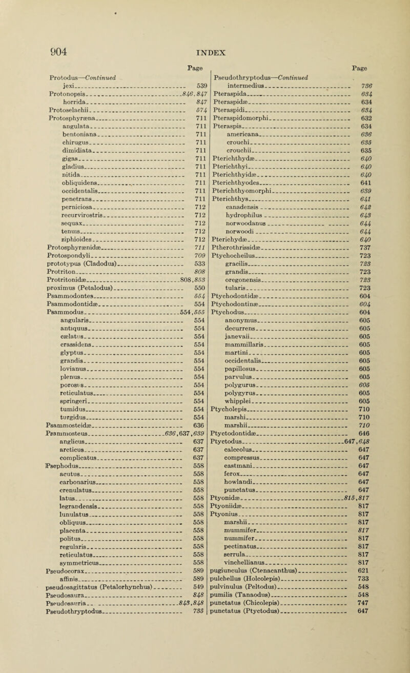 Protodus—Continued jexi_ Protonopsis___ horrida_ Protoselachii_ Protosphyrsena_ angulata_ bentoniana_ chirugus_ dimidiata_ gigas.... gladius_ nitida_ obliquidens_..._ occidentalis_ penetrans_ perniciosa_ recurvirostris_ sequax_ tenuis_ ziphioides_ Protosphyreenidse_ Protospondyli_ prototypua (Cladodus)_ Protriton_ Protritonidae_ proximus (Petalodus)_ Psammodontes_ Psammodontidffi_ Psam modus_ angularis_ antiquus_ cailatus_ crassidens_ glyptus- grandis_ lovianus_ plenus_ porosiis__ reticulatus_ springeri_ tumidus_ turgidus_ PsammosteidiE_ Psammosteus_ anglicus_ arcticus_ compbcatus_ Psephodus_ aeutus_ carbonarius_ crenulatus_ latus_ legrandensis_ lunulatus_ obliquus___ placenta_ politus_ regularis.._ reticulatus_ symmetricus_ Pseudocorax__ afBnis_ pseudosagittatus (Petalorhynchus) Pseudosaura_ Pspudosauria.. _ Pseudothryptodus_ Page Pseudothryptodus—Continued 539 intermedius _ _ _ ____ .846.847 Pteraspida___ 847 Pteraspida;__ 574 Pf.eraspidi . ... . .. 711 Pteraspidomorphi__ 711 Pteraspis- ____ 711 americana.__ 711 crouchi_ 711 crouchii_ 711 Pterichthydse_ 711 Pterichthyi_ 711 Pterichthyidffi__ 711 Pterichthyodes_ _ _ 711 Pterichthyomorphi_ 711 Pterichthys_ _ _ 712 canadensis _ .. 712 hydrophilus _- _ __ 712 norwoodanus__ 712 norwoodi___ 712 Pterichydse_ 711 Ptherothrissidae_ 709 Ptychocheilus---___ 533 gracilis__ 808 grandis--__ __ .808,8.53 oregonensis- ____ 550 tularis-_ _ _ _ 554 Ptychodontidffi___ 554 Ptychodontina;_ __ 554,555 Ptychodus__ 554 anonymus._ 554 decurrens _ _ ______ 554 janevaii^_ 654 mammillaris_ 554 martini _ __.........__ 5.54 occidentalis_ papillosus_ Page 736 636 635 635 _ 554 .. 554 .. 554 _ 554 _ 554 _ 554 . 636 636,6S7,6S9 . 637 _ 637 . 637 _ 558 _ 558 _ 558 _ 658 _ 558 _ 558 _ 558 . 558 _ 558 _ 558 _ 558 . 558 _ 558 _ 589 _ 589 _ 549 . 848 _843.848 _ 735 643 644 644 640 737 723 7S3 723 7S3 723 605 605 605 605 605 605 parvulus_ 605 polygurus_ 605 polygyrus_ 605 whipplei_ 605 Ptycholepis_ 710 marshi_ 710 marshii_ 710 Ptyctodontidse_ 646 Ptyctodus_647,648 calceolus_ 647 compressus_ 647 eastmani_ 647 ferox_ 647 howlandi_ 647 punctatus_ 647 Ptyonidae_815,817 Ptyoniidffi_ 817 Ptyonius_ 817 marshii_ 817 mummifer_ 817 nummifer_ 817 pectinatus_ 817 serrula_ 817 vinchellianus_ 817 pugiun cuius (Ctenacanthus)_ 621 pulchellus (Holcolepis)_ 733 pulvinulus (Peltodus)_ 548 pumilis (Tanaodus)_ 548 punctatus (Chicolepis)_ 747 punctatus (Ptyctodus)_ 647