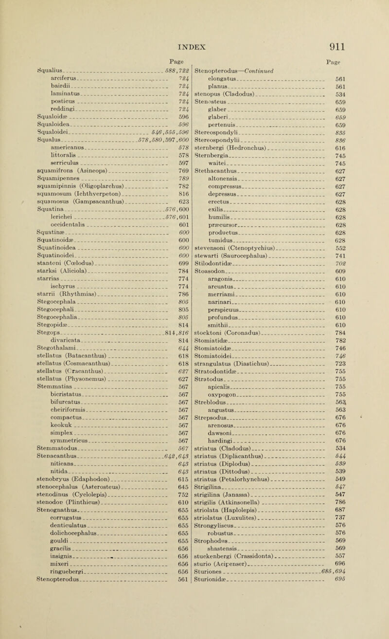 Page Page rfqualius_688,72^ arciferus_._ bairdii_ 724 laminatus_ 724 posticus_ 724 reddingi_ 724 Squaloida;_ 596 Squaloidea_ 596 Squaloidei_ 546,555,696 Squalus_578,580,597,600 americanus_ 678 littoralis_ 578 serriculus_ 597 squamifrons (Asineops)_ 769 Squamipennes_ 789 squamipinnis (Oligoplarchus)_ 782 squamosum (Ichthverpeton)_ 816 squamosus (Gamjisacanthus)_ 623 Squatina_676,609 leriohei_576’, 601 occidentahs_ 601 Squatinae_ 600 Squatinoidse_ 600 Squatinoidea_ 600 Squatinoidei_ 600 stantoni (Ccelodus)_ 699 starksi (Aliciola)_ 784 starrias_ 774 ischyrus_ 774 starrii (Rhythmias)_ 786 Stegocephala_ 805 Stegocephali_ 805 Stegocephalia_ 806 Stegopida;_ 814 Stegops_814,816 divaricata_ 814 Stegothalami_ 644 stellatus (Batacanthus)_ 618 stellatus (Cosmacanthus)_ 618 stellatus (Cracanthus)_ 627 stellatus (Physonemus)_ 627 Stemmatias_ 567 bicristatus_ 567 bifurcatus_ 567 cheiriformis_ 567 compactus_ 567 keokuk_ 567 simplex_ 567 symmetricus_ 567 Stemmatodus_ 567 Stenaoanthus_642,643 niticans_ 643 nitida_ 643 stenobryus (Edaphodon)_ 615 stenocephalus (Asterosteus)_ 645 stenodinus (Cyclolepis)_ 752 stenodoc (Plinthicus)_ 610 Stenognathus_ 655 corrugatus_ 655 denticulatus_ 655 dolichocephalus_ 655 gouldi_ 655 gracilis_ 656 insignis_-_ 656 mixeri_ 656 ringuebergi_ 656 Stenopterodus_ 561 Stenopterodus—Continued elongatus_ 561 planus._ 561 stenopus (Cladodus)_ 534 Stenosteus_ 659 glaber- 659 glaberi_ 669 pertenuis_ 659 Stereospondyli_ 836 Stereospondylii_ 836 Sternberg! (Hedronchus)_ 616 Sternbergia_ 745 waitei_ 745 Stethacanthus_ 627 altonensis_ 627 compressus_ 627 depressus_ 627 erectus_ 628 exilis_ 628 humilis_ 628 praecursor_ 628 productus_ 628 tumidus_ 628 stevensoni (Ctenoptychius)_ 552 stewarti (Saurocephalus)_ 741 Stilodontidae_ 702 Stoasodon_ 609 aragonis_ 610 arcuatus_ 610 merriami_ 610 narinari_ 610 perspicuus_ 610 profundus_ 610 smithii_ 610 stocktoni (Coronadus)_ 784 Stomiatidse_ 782 Stomiatoidae_ 746 Stomiatoidei_ 746 strangulatus (Diastichus)_ 723 Stratodontida;_ 755 Stratodus_ 755 apicalis_ 755 oxypogon_ 755 Streblodus_ 563 angustus_ 563 Strepsodus_ 676 arenosus_ 676 dawsoni_ 676 hardingi_ 676 striatus (Cladodus)_ 534 striatus (Diplacanthus)_ 544 striatus (Diplodus)_ 539 striatus (Dittodus)_ 539 striatus (Petalorhynchus)_ 549 Strigilina_ 547 strigilina (Janassa)_ 547 strigilis (Atkinsonella)_ 786 striolata (Haplolepis)_ 687 striolatus (Luxulites)_ 737 Strongyliscus_ 576 robustus_ 576 Strophodus_ 569 shastensis_ 569 stuckenbergi (Crassidonta)_ 557 sturio (Acipenser)_ 696 Sturiones_685,694 Sturionidie_ 695