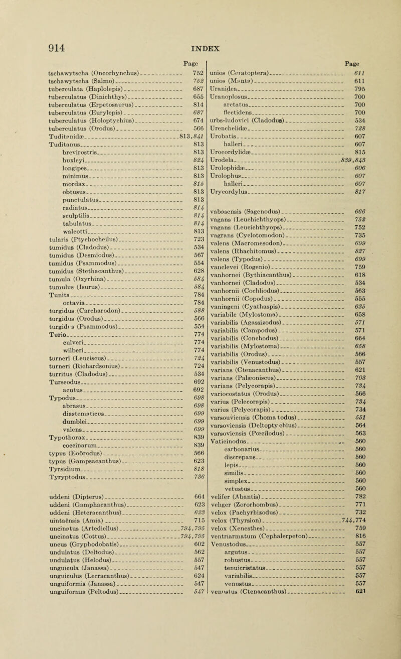 Page tschawytscha (Oncorhynchus)_ 752 tschawytscha (Salmo)_ tuberculata (Haplolepis)_ 687 tuberculatus (Dinichthys)_ 655 tuberculatus (Erpetosaurus)_ 814 tuberculatus (Eurylepis)_ 687 tuberculatus (Holoptychius)_ 674 tuberculatus (Orodus)_ 566 Tuditpnida?_813,541 Tuditanus_ 813 breyirostris_ 813 huxleyi_ 5^4 longipes_ 813 minimus_ 813 mordax_ 816 obtusus_ 813 punctulatus_ 813 radiatus_ 81J^ sculptilis_ 514 tabulatus_ 514 walcotti_ 813 tularis (Ptychocheihis)_ 723 tumidus (Cladodus)_ 534 tumidus (Desmiodus)- 567 tumidus (Psammodus)_ 554 tumidus (Stethacanthus)_ 628 tumula (Oxyrhina)_ 554 tumulus (Isurus)_ 554 Tunita_■_ 784 octavia_ 784 turgidus (Carcbarodon)_ 555 turgidus (Orodus)- 566 turgidi 8 (Psammodus)_ 554 Turio_ 774 culyeri_ 774 wilberi_ 774 turner! (Leuciscus)_ 7^4 turner! (Richardsonius)_ 724 turritus (Cladodus)_ 534 Turseodus_ 692 acutus_ 692 Typodus_ 6Q8 abrasus_ 698 diastematicus_ 699 dumblei_ 699 y ale ns_ 699 Typothorax_ 839 coccinarum_ 839 typus (Eoorodus)_ 566 typus (Gampsacanthus)_ 623 Tyrsidium_ 515 Tyryptodus_ 736 uddeni (Dipterus)_ 664 uddeni (Gamphacanthus)_ 623 uddeni (Heteracanthus)_ 6^3 uintaensis (Amia)_ 715 uncinatus (Artediellus)_794,796 uncinatus (Cottus)_794,796 uncus (Gryphodobatis)_ 602 undulatus (Deltodus)_ 562 undulatus (Helodus)_ 557 unguicula (Janassa)_ 547 unguiculus (Lecracanthus)_ 624 unguiformis (Janassa)_ 547 unguiformis (Peltodus)_ 61.7 Page unios (Ceiatoptera)_ 611 unios (Manta)_ 611 Uranidea_ 795 Uranoplosus_ 700 arctatus_ 700 flectidens_ 700 urbs-ludovioi (Cladodus)_ 534 Urenchelidffi_ 728 Urobatis_ 607 halleri_ 607 Urocordylida;_ 815 Urodela_839,843 Urolophida;_ 606 Urolophus_ 607 halleri_ 607 U ry cordylus_ 517 yabasensis (Sagenodus)_ 666 vagans (Leuchichthyops)_ 762 vagans (Leucichthyops)_ 752 yagrans (Cyclotomodon)- 735 valens (Macromesodon)_ 699 valens (Rhachitomus)_ 827 valens (Typodus)_ 699 vanclevei (Rogenio)_ 759 vanhornei (Bythiacanthus)_ 618 vanhornei (Cladodus)_ 534 vanhornii (Cochliodus)_ 563 vanhornii (Copodus)_ 555 vaningeni (Cyathaspis)_ 635 variabile (Mylostoma)_ 658 variabilis (Agassizodus)- 671 variabilis (Campodus)- 571 variabilis (Conchodus)_ 664 variabilis (Mylostoma)_ 668 variabilis (Orodus)_ 566 variabilis (Venustodus)_ 557 varians (Ctenacantlius)_ 621 varians (Paleeoniscus)_ 70S varians (Pelycorapis)_ 734 variocostatus (Orodus)_ 566 varius (Pelecorapis)_ 734 varius (Pelycorapis)_ 734 varsouviensis (Choma todus)_ 661 varsoviensis (Deltopty cbius)_ 564 varsoviensis (Poecilodus)_ 563 Vaticinodus_ 560 carbonarius_ 560 discrepans_ 560 lepis_ 560 similis_ 560 simplex_'_ 560 vetustus_ 560 veliter (.Abantis)_ 782 veliger (Zororhombus)_ 771 velox (Pachyrhizodus)_ 732 velox (Thyrsion)_744,774 velox (Xenesthes)- 759 ventriarmatum (Cephalerpeton)_ 816 Venustodus_ 557 argutus_ 557 robustus_ 557 tenuicristatus_ 557 variabilis_ 557 venustus_ 557 veniistus (Ctenacanthus)_ 621