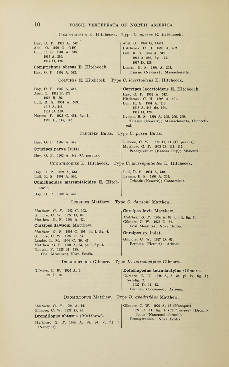 Comptichnus E. Hitchcock. Hay, O. P. 1902 A, 542. Abel, O. 1926 G, (149). Lull, R. S. 1904 A, 538. 1915 A, 260. 1917 D, 126. Comptichnus obesus E. Hitchcock. Hay, O. P. 1902 A, 542. Corvipes E. Hitchcock. Type Hay, O. P. 1902 A, 542. Abel, O. 1912 F, 272. 1926 B, 36. Lull, R. S. 1904 A, 509. 1915 A, 246. 1917 D, 123. Nopcsa, F. 1923 C, 464, fig. 1. 1923 H, 145, 146. Crucipes Butts. Hay, O. P. 1902 A, 542. Crucipes parva Butts. Hay, O. P. 1902 A, 542 (C. parvus). Type C. obesus E. Hitchcock. Abel, O. 1926 G, (149). Hitchcock, C. H. 1898 A, 402. Lull, R. S. 1904 A, 538. 1915 A, 260, fig. 121. 1917 D, 126. Lyman, B. S. 1894 A, 205. Triassic (Newark); Massachusetts. C. lacertoideus E. Hitchcock. Corvipes lacertoideus E. Hitchcock. Hay, O. P. 1902 A, 542. Hitchcock, C. H. 1898 A, 401. Lull, R. S. 1904 A, 510. 1915 A, 246, fig. 104. 1917 D, 123. Lyman, B. S. 1894 A, 205, 206, 209. Triassic (Newark); Massachusetts, Connecti¬ cut. pe C. parva Butts. Gilmore, C. W. 1927 D, 11 (C. parvus). Matthew, G. F. 1903 D, 113, 115. Pennsylvanian (Kansas City); Missouri. Cunichnoides E. Hitchcock. Type C. marsupialoides E. Hitchcock. Hay, O. P. 1902 A, 543. Lull, R. S. 1904 A, 540. Cunichnoides marsupialoides E. Hitch¬ cock. Lull, R. S. 1904 A, 540. Lyman, B. S. 1894 A, 205. Triassic (Newark); Connecticut. Hay, O. P. 1902 A, 543. Cursipes Matthew. Type C. dawsoni Matthew. Matthew, G. F. 1903 C, 102. Gilmore, C. W. 1927 D, 63. Matthew, G. F. 1904 A, 92. Cursipes dawsoni Matthew. Matthew, G. F. 1903 C, 103, pi. i, fig. 4. Gilmore, C. W. 1927 D, 64. Lambe, L. M. 1904 C, 36, 47. Matthew, G. F. 1904 A, 93, pi. i, fig. 4. Nopcsa, F. 1923 H, 135. Coal Measures; Nova Scotia. Dolichopodus Gilmore. Gilmore, C. XV. 1926 A, 6. 1927 D, 12. Cursipes levis Matthew. Matthew, G. F. 1904 A, 93, pi. ii, fig. 3. Gilmore, C. W. 1927 D, 64. Coal Measures; Nova Scotia. Cursipes sp. indet. Gilmore, C. W. 1927 D, 63. Permian (Hermit); Arizona. e D. tetradactylus Gilmore. Dolichopodus tetradactylus Gilmore. Gilmore, C. XV. 1926 A, 6, 35, pi. iv, fig. 1; text-fig. 2. 1927 D, 11, 13. Permian (Coconino); Arizona. Dromillopus Matthew. Type D. quadrifidus Matthew. Matthew, G. F. 1904 A, 91. Gilmore, C. W. 1927 D, 42. Dromillopus obtusus (Matthew). Matthew, G. F. 1904 A, 98, pi. v, fig. 1 (Nanopus). Gilmore, C. W. 1926 A, 12 (Nanopus). 1927 D, 14, fig. 4 (“3,” errore) [Dromil¬ lopus (Nanopus) obtusis]. Pennsylvanian; Nova Scotia.