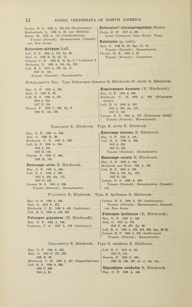 Lyman, B. S. 1894 A, 204-213 (Brontozoum). Reichenbach, L. 1853 A, 35, xxx (Bellona). Serres, M. 1852 A, 118 (Ornithichnites). Triassic (Newark); Massachusetts, Connecti¬ cut, New Jersey. Eubrontes platypus Lull. Lull, R. S. 1904 A, 512, fig. 34. Abel, O. 1926 B, 25, fig. 15. Gilmore, C. W. 1924 K, 16, fig. 2 (“footprints”* Heilmann, G. 1926 A, 180, fig. 130. Lull, R. S. 1915 A, 199, fig. 51. 1917 D, 116. Triassic (Newark); Massachusetts. Eupalamopus Hay. ( Hay, O. P. 1902 A, 544. Abel, O. 1926 B, 36. Lull, R. S. 1904 A, 531. 1915 A, 250. 1917 D, 124. Nopcsa, F. 1923 C, 464, fig. 3. 1923 H, 145, 146. Exocampe E. Hitchcock, Hay, O. P. 1902 A, 544. Abel, O. 1926 B, 36. Hitchcock, C. H. 1898 A, 402. Lull, R. S. 1904 A, 534. 1915 A, 254. 1917 D, 124. Nopcsa, F. 1923 C, 464. 1923 H, 145. Exocampe arcta E. Hitchcock. Hay, O. P. 1902 A, 544. Lull, R. S. 1904 A, 534. 1915 A, 254, fig. 112. 1917 D, 124. Lyman, B. S. 1894 A, 206. Triassic (Newark) ; Massachusetts. Eubrontes? titanopelopatidus Shuler. Shuler, E. W. 1917 A, 294. Lower Cretaceous (Glen Rose); Texas. Eubrontes sp. indet. Abel, O. 1926 B, 30, figs. 17, 18. Triassic (Newark); Massachusetts. Thorpe, M. R. 1928 A, 39. Triassic (Newark); Connecticut. 1 Eupalamopus dananus (E. Hitchcock). Hay, O. P. 1902 A, 544. Hitchcock, C. H. 1898 A, 402 (Palamopus clarkii). Lull, R. S. 1904 A, 531. 1915 A, 250, fig. 108. 1917 D, 124. Lyman, B. S. 1894 A, 210 (Palamopus clarki). Triassic (Newark); Massachusetts. Type E. arcta E. Hitchcock. Exocampe minima E. Hitchcock. Hay, O. P. 1902 A, 544. Lull, R. S. 1904 A, 534. 1915 A, 255. 1917 D, 124. Triassic (Newark) ; Massachusetts. Exocampe ornata E. Hitchcock. Hay, O. P. 1902 A, 544. Hitchcock and Grier 1927 A, 195. Lull, R. S. 1904 A, 534. 1915 A, 255, fig. 113. 1917 D, 124. Lyman, B. S. 1894 A, 206. Triassic (Newark); Massachusetts, Connecti¬ cut. Type Palamopus dananus E. Hitelicock=P. clarlci E. Hitchcock. Fulicopus E. Hitchcock. Type F. lyellianus E. Hitchcock. Hay, O. P. 1902 A, 544. Abel, O. 1912 F, 272. Hitchcock, C. H. 1898 A, 401 (Amblonyx). Lull, R. S. 1904 A, 505, 545. Fulicopus giganteus (E. Hitchcock). Hay, O. P. 1902 A, 544. Cushman, J. A. 1907 A, 273 (Amblonyx). Gigandipus E. Hitchcock. Hay, O. P. 1902 A, 545. Abel, O. 1912 F, 271, 276. 1926 B, 36. Hitchcock, C. H. 1898 A, 401 (Gigantitherium). Lull, R. S. 1904 A, 492. 1905 C, 299. 1910 A, 14. Lyman, B. S. 1894 A, 205 (Amblyonyx). Triassic (Newark); Massachusetts, Connecti¬ cut, New Jersey. Fulicopus lyellianus (E. Hitchcock). Hay, O. P. 1902 A, 544. Abel, O. 1911 A, 174. 1912 F, 69, 277, fig. 26. Lull, R. S. 1904 A, 472, 474, 506, figs. 26-28. Lyman, B. S. 1894 A, 205 (Amblyonyx). Triassic (Newark); Massachusetts. Lull, R. S. 1915 A, 191. 1917 D, 115. Nopcsa, F. 1923 C, 464. 1923 H, 146, 147, pi. vi. fig. 11a. Gigandipus caudatus E. Hitchcock. Hay, O. P. 1902 A, 545. Type G. caudatus E. Hitchcock.