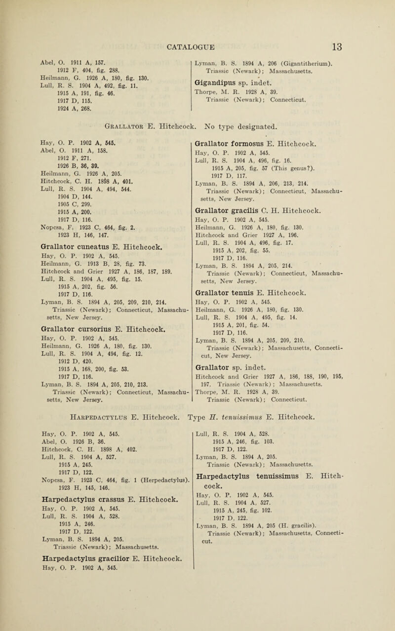 Abel, O. 1911 A, 157. 1912 F, 404, fig. 288. Heilmann, G. 1926 A, 180, fig. 130. Lull, R. S. 1904 A, 492, fig. 11. 1915 A, 191, fig. 46. 1917 D, 115. 1924 A, 268. Lyman, B. S. 1894 A, 206 (Gigantitherium). Triassic (Newark); Massachusetts. Gigandipus sp. indet. Thorpe, M. R. 1928 A, 39. Triassic (Newark); Connecticut. Grallator E. Hitchcock. No type designated. Hay, O. P. 1902 A, 545. Abel, O. 1911 A, 158. 1912 F, 271. 1926 B, 36, 39. Heilmann, G. 1926 A, 205. Hitchcock, C. H. 1868 A, 401. Lull, R. S. 1904 A, 494, 544. 1904 D, 144. 1905 C, 299. 1915 A, 200. 1917 D, 116. Nopcsa, F. 1923 C, 464, fig. 2. 1923 H, 146, 147. Grallator cuneatus E. Hitchcock. Hay, O. P. 1902 A, 545. Heilmann, G. 1913 B, 28, fig. 73. Hitchcock and Grier 1927 A, 186, 187, 189. Lull, R. S. 1904 A, 495, fig. 15. 1915 A, 202, fig. 56. 1917 D, 116. Lyman, B. S. 1894 A, 205, 209, 210, 214. Triassic (Newark); Connecticut, Massachu¬ setts, New Jersey. Grallator cursorius E. Hitchcock. Hay, O. P. 1902 A, 545. Heilmann, G. 1926 A, 180, fig. 130. Lull, R. S. 1904 A, 494, fig. 12. 1912 D, 420. 1915 A, 168, 200, fig. 53. 1917 D, 116. Lyman, B. S. 1894 A, 205, 210, 213. Triassic (Newark); Connecticut, Massachu¬ setts, New Jersey. Grallator formosus E. Hitchcock. Hay, O. P. 1902 A, 545. Lull, R. S. 1904 A, 496, fig. 16. 1915 A, 205, fig. 57 (This genus?). 1917 D, 117. Lyman, B. S. 1894 A, 206, 213, 214. Triassic (Newark); Connecticut, Massachu¬ setts, New Jersey. Grallator gracilis C. H. Hitchcock. Hay, O. P. 1902 A, 545. Heilmann, G. 1926 A, 180, fig. 130. Hitchcock and Grier 1927 A, 196. Lull, R. S. 1904 A, 496, fig. 17. 1915 A, 202, fig. 55. 1917 D, 116. Lyman, B. S. 1894 A, 205, 214. Triassic (Newark); Connecticut, Massachu¬ setts, New Jersey. Grallator tenuis E. Hitchcock. Hay, O. P. 1902 A, 545. Heilmann, G. 1926 A, 180, fig. 130. Lull, R. S. 1904 A, 495, fig. 14. 1915 A, 201, fig. 54. 1917 D, 116. Lyman, B. S. 1894 A, 205, 209, 210. Triassic (Newark); Massachusetts, Connecti¬ cut, New Jersey. Grallator sp. indet. Hitchcock and Grier 1927 A, 186, 188, 190, 195, 197. Triassic (Newark) ; Massachusetts. Thorpe, M. R. 1928 A, 39. Triassic (Newark); Connecticut. Harpedactylus E. Hitchcock. Type H. tenuissimus E. Hitchcock. Hay, O. P. 1902 A, 545. Abel, O. 1926 B, 36. Hitchcock, C. H. 1898 A, 402. Lull, R. S. 1904 A, 527. 1915 A, 245. 1917 D, 122. Nopcsa, F. 1923 C, 464, fig. 1 (Herpedactylus). 1923 H, 145, 146. Harpedactylus crassus E. Hitchcock. Hay, O. P. 1902 A, 545. Lull, R. S. 1904 A, 528. 1915 A, 246. 1917 D, 122. Lyman, B. S. 1894 A, 205. Triassic (Newark); Massachusetts. Harpedactylus gracilior E. Hitchcock. Hay, O. P. 1902 A, 545. Lull, R. S. 1904 A, 528. 1915 A, 246, fig. 103. 1917 D, 122. Lyman, B. S. 1894 A, 205. Triassic (Newark); Massachusetts. Harpedactylus tenuissimus E. Hitch¬ cock. Hay, O. P. 1902 A, 545. Lull, R. S. 1904 A, 527. 1915 A, 245, fig. 102. 1917 D, 122. Lyman, B. S. 1894 A, 205 (H. gracilis). Triassic (Newark); Massachusetts, Connecti¬ cut.