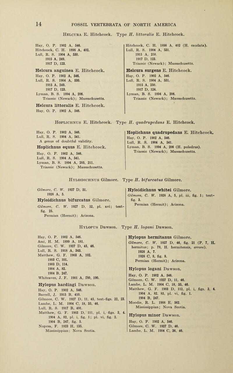 Helcura E. Hitchcock. Type E. littoralis E. Hitchcock. Hay, O. P. 1902 A, 546. Hitchcock, C. H. 1898 A, 402. Lull, R. S. 1904 A, 530. 1915 A, 249. 1917 D, 123. Helcura anguinea E. Hitchcock. Hay, O. P. 1902 A, 546. Lull, R. S. 1904 A, 530. 1915 A, 249. 1917 D, 123. Lyman, B. S. 1894 A, 206. Triassic (Newark); Massachusetts. Helcura littoralis E. Hitchcock. Hay, O. P. 1902 A, 546. Hitchcock, C. H. 1898 A, 402 (H. caudata). Lull, R. S. 1904 A, 531. 1915 A, 250. 1917 D, 123. Triassic (Newark); Massachusetts. Helcura surgens E. Hitchcock. Hay, O. P. 1902 A, 546. Lull, R. S. 1904 A, 531. 1915 A, 250. 1917 D, 124. Lyman, B. S. 1894 A, 206. Triassic (Newark); Massachusetts. Hoplichnus E. Hitchcock. Type E. quadrupedans E. Hitchcock. Hay, O. P. 1902 A, 546. Lull, R. S. 1904 A, 541. A genus of doubtful validity. Hoplichnus equus E. Hitchcock. Hay, O. P. 1902 A, 546. Lull, R. S. 1904 A, 541. Lyman, B. S. 1894 A, 205, 211. Triassic (Newark); Massachusetts. Hyloidichnus Gilmore. Gilmore, C. W. 1927 D, 51. 1928 A, 5. Hyloidichnus bifurcatus Gilmore. Gilmore, C. W. 1927 D, 52, pi. xvi; text- fig. 25. Permian (Hermit); Arizona. Hoplichnus quadrupedans E. Hitchcock. Hay, O. P. 1902 A, 546. Lull, R. S. 1904 A, 541. Lyman, B. S. 1894 A, 206 (H. poledrus). Triassic (Newark); Massachusetts. Hyloidichnus whitei Gilmore. Gilmore, C. W. 1928 A, 5, pi. iii, fig. 1; text- fig. 3. Permian (Hermit); Arizona. Type E. bifurcatus Gilmore. Hylopus Dawson. Type E. logani Dawson. Hay, O. P. 1902 A, 546. Ami, H. M. 1899 A, 181. Gilmore, C. W. 1927 D, 45, 46. Lull, R. S. 1918 A, 343. Matthew, G. F. 1903 A, 102. 1903 C, 101. 1903 D, 114. 1904 A, 82. 1904 B, 247. Whiteaves, J. F. 1901 A, 180, 190. Hylopus hardingi Dawson. Hay, O. P. 1902 A, 546. Barrell, J. 1915 B, 410. Gilmore, C. W. 1927 D, 11, 45, text-figs. 22, 23. Lambe, L. M. 1904 C, 18, 35, 46. Lull, R. S. 1917 B, 491. Matthew, G. F. 1903 D, 111, pi. i, figs. 3, 4. 1904 A, 82, pi. i, fig. 1; pi. vi, fig. 2. 1904 B, 247, fig. 5. Nopcsa, F. 1923 H, 135. Mississippian; Nova Scotia. Hylopus hermitanus Gilmore. Gilmore, C. W. 1927 D, 46, fig. 21 (P. 7, H. hermitus; p. 78, H. hermitensis, errore). 1928 A, 7. 1928 C, 8, fig. 8. Permian (Hermit); Arizona. Hylopus logani Dawson. Hay, O. P. 1902 A, 546. Gilmore, C. W. 1927 D, 11, 46. Lambe, L. M. 1904 C, 18, 35, 46. Matthew, G. F. 1903 D, 112, pi. i, figs. 3, 4. 1904 A, 82, 85, pi. vi, fig. 1. 1904 B, 247. Moodie, R. L. 1908 E, 562. Mississippian; Nova Scotia. Hylopus minor Dawson. Hay, O. P. 1902 A, 546. Gilmore, C. W. 1927 D, 46. I Lambe, L. M. 1904 C, 38, 46.