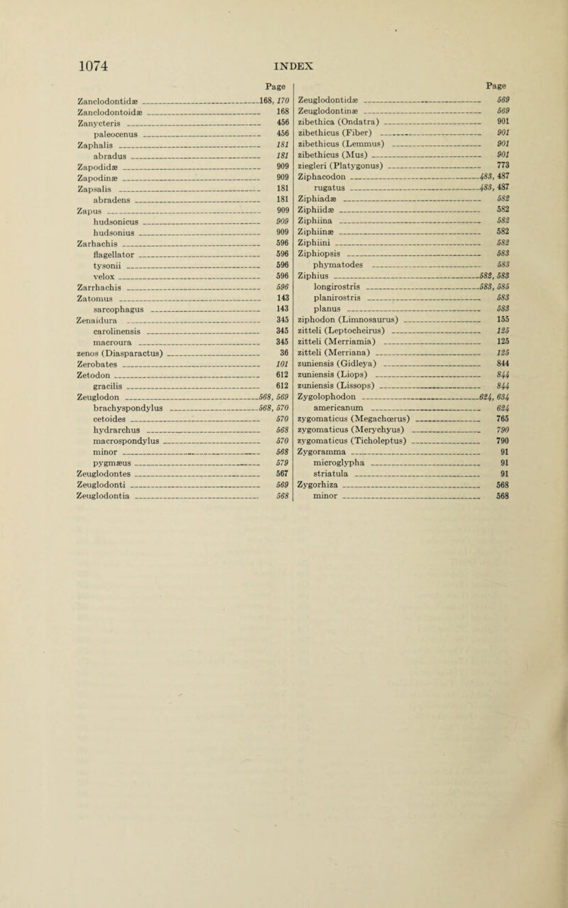 Page Zanclodontidae-168,170 Zanclodontoidae_ 168 Zanycteris _ 456 paleocenus _ 456 Zaphalis _ 181 abradus_ 181 Zapodidae _ 909 Zapodinae_ 909 Zapsalis _ 181 abradens_ 181 Zapus _ 909 hudsonicus_ 909 hudsonius_ 909 Zarhachis _ 596 flagellator_ 596 tysonii _ 596 velox_ 596 Zarrhaehis _ 696 Zatomus _ 143 sarcophagus _ 143 Zenaidura _ 345 carolinensis _ 345 macroura _ 345 zenos (Diasparactus)_ 36 Zerobates _ 101 Zetodon_ 612 gracilis_ 612 Zeuglodon _568, 569 brachyspondylus _568, 570 cetoides_-_ 570 hydrarchus ___ 568 macrospondylus_ 670 minor _ 568 pygmaeus- 579 Zeuglodontes_ 567 Zeuglodonti_ 569 Zeuglodontia _ 568 Page Zeuglodontidae _ 569 Zeuglodontinae _ 569 zibethica (Ondatra)_ 901 zibethicus (Fiber) _ 901 zibethicus (Lemmus) _ 901 zibethicus (Mus)_ 901 ziegleri (Platygonus)_ 773 Ziphacodon_483, 487 rugatus _483, 487 Ziphiadae _ 582 Ziphiidae _ 582 Ziphiina _ 582 Ziphiinae _ 582 Ziphiini _ 582 Ziphiopsis _ 583 phymatodes _ 583 Ziphius _582, 583 longirostris _583, 585 planirostris _ 583 planus _ 583 ziphodon (Limnosaurus) _ 155 zitteli (Leptocheirus) _ 125 zitteli (Merriamia) _ 125 zitteli (Merriana) _ 125 zuniensis (Gidleya) _ 844 zuniensis (Liops) _ 844 zuniensis (Lissops)_ 844 Zygolophodon _624, 834 americanum _ 624 zygomaticus (Megachcerus) _ 765 zygomaticus (Merychyus) _ 790 zygomaticus (Ticholeptus) _ 790 Zygoramma_ 91 microglypha _ 91 striatula _ 91 Zygorhiza _ 568 minor _ 568
