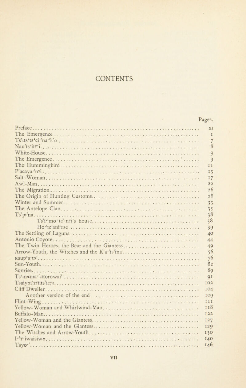 CONTENTS Pages. Preface. xi The Emergence. i Ts’cts‘ts<cr'na*'k'o. 7 Nau'ts‘ity‘i. 8 White-House. 9 The Emergence...... . . '. 9 The Hummingbird. 11 P’acaya*'nyi. 13 Salt-Woman. 17 Awl-Man. 22 The Migration. 26 The Origin of Hunting Customs. 28 Winter and Summer. 33 The Antelope Clan. 35 Ts’pdna. 38 Ts’r'mo'tc’myi’s house. 38 HoAc’ani'Tse . 39 The Settling of Laguna.. 40 Antonio Coyote. .. 44 The Twin Heroes, the Bear and the Giantess. 49 Arrow-Youth, the Witches and the KV'ts’ina. 56 Kaup‘a-ta'. 76 Sun-Youth.. 82 Sunrise. 89 Ts‘tnama,'cKorowai'. 91 Tsaiyai'Ty'iits’icye. 102 Cliff Dweller. 104 Another version of the end. . .. 109 Flint-Wing. 111 Yellow-Woman and Whirlwind-Man. 118 Buffalo-Man. 122 Yellow-Woman and the Giantess. 127 Yellow-Woman and the Giantess..... . 129 The Witches and Arrow-Youth. 130 P'Tdwaisiwa. 14° Tayc'. 146