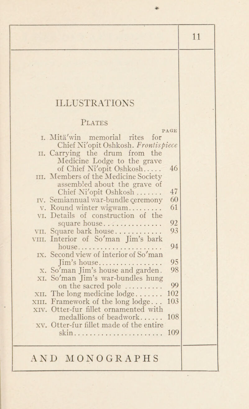 ILLUSTRATIONS Plates PAGE i. Mita'win memorial rites for Chief Ni'opit Oshkosh. Frontispiece II. Carrying the drum from the Medicine Lodge to the grave of Chief Ni'opit Oshkosh. 46 in. Members of the Medicine Society assembled about the grave of Chief Ni'opit Oshkosh. 47 iv. Semiannual war-bundle ceremony 60 v. Round winter wigwam. 61 vi. Details of construction of the square house. 92 vn. Square bark house. 93 viii. Interior of So'man Jim’s bark house. 94 ix. Second view of interior of So'man Jim’s house. 95 x. So'man Jim’s house and garden. 98 xi. So'man Jim’s war-bundles hung on the sacred pole. 99 xn. The long medicine lodge. 102 xiii. Framework of the long lodge. . . 103 xiv. Otter-fur fillet ornamented with medallions of beadwork. 108 xv. Otter-fur fillet made of the entire skin. 109