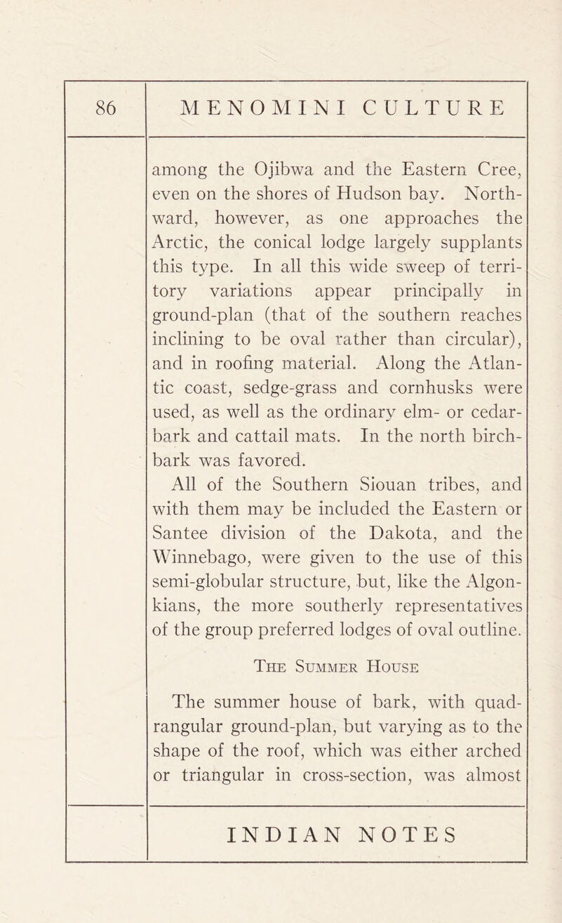 among the Ojibwa and the Eastern Cree, even on the shores of Hudson bay. North¬ ward, however, as one approaches the Arctic, the conical lodge largely supplants this type. In all this wide sweep of terri¬ tory variations appear principally in ground-plan (that of the southern reaches inclining to be oval rather than circular), and in roofing material. Along the Atlan¬ tic coast, sedge-grass and cornhusks were used, as well as the ordinary elm- or cedar- bark and cattail mats. In the north birch- bark was favored. All of the Southern Siouan tribes, and with them may be included the Eastern or Santee division of the Dakota, and the Winnebago, were given to the use of this semi-globular structure, but, like the Algon- kians, the more southerly representatives of the group preferred lodges of oval outline. The Summer House The summer house of bark, with quad¬ rangular ground-plan, but varying as to the shape of the roof, which was either arched or triangular in cross-section, was almost