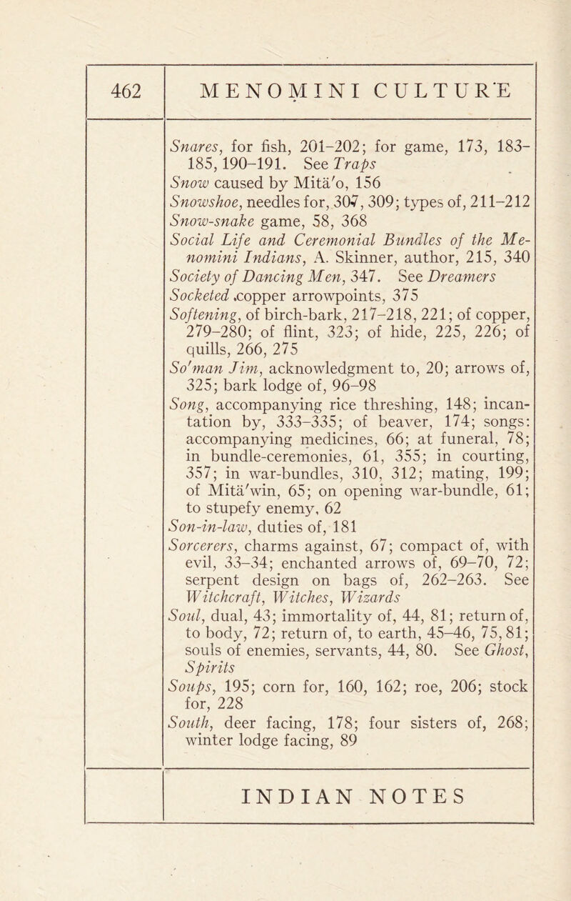 Snares, for fish, 201-202; for game, 173, 183— 185, 190-191. See Traps Snow caused by Mita/o, 156 Snows hoe, needles for, 30v, 309; types of, 211-212 Snow-snake game, 58, 368 Social Life and Ceremonial Bundles of the Me- nomini Indians, A. Skinner, author, 215, 340 Society of Dancing Men, 347. See Dreamers Socketed .copper arrowpoints, 375 Softening, of birch-bark, 217-218, 221; of copper, 279-280; of flint, 323; of hide, 225, 226; of quills, 266, 275 So'man Jim, acknowledgment to, 20; arrows of, 325; bark lodge of, 96-98 Song, accompanying rice threshing, 148; incan¬ tation by, 333-335; of beaver, 174; songs: accompanying medicines, 66; at funeral, 78; in bundle-ceremonies, 61, 355; in courting, 357; in war-bundles, 310, 312; mating, 199; of Mita/win, 65; on opening war-bundle, 61; to stupefy enemy, 62 Son-in-law, duties of, 181 Sorcerers, charms against, 67; compact of, with evil, 33-34; enchanted arrows of, 69-70, 72; serpent design on bags of, 262-263. See Witchcraft, Witches, Wizards Sold, dual, 43; immortality of, 44, 81; return of, to body, 72; return of, to earth, 45-46, 75,81; souls of enemies, servants, 44, 80. See Ghost, Spirits Soups, 195; corn for, 160, 162; roe, 206; stock for, 228 South, deer facing, 178; four sisters of, 268; winter lodge facing, 89