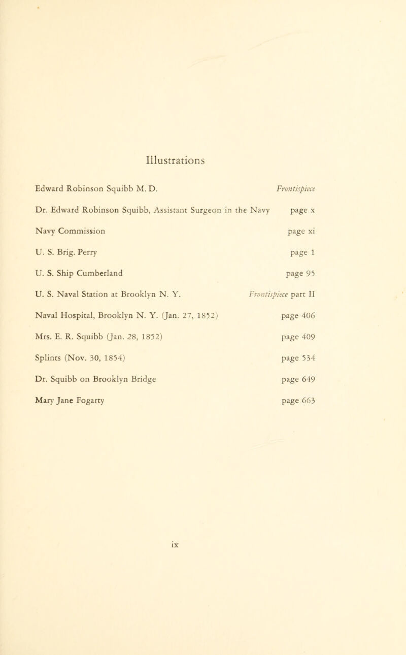 Illustrations Edward Robinson Squibb M. D. Frontispiece Dr. Edward Robinson Squibb, Assistant Surgeon in the Navy page x Navy Commission page xi U. S. Brig. Perry page 1 U. S. Ship Cumberland page 95 U. S. Naval Station at Brooklyn N. Y. Frontispiece part II Naval Hospital, Brooklyn N. Y. (Jan. 27, 1852) page 406 Mrs. E. R. Squibb (Jan. 28, 1852) page 409 Splints (Nov. 30, 1854) page 534 Dr. Squibb on Brooklyn Bridge page 649 Mar}7 Jane Fogarty page 663