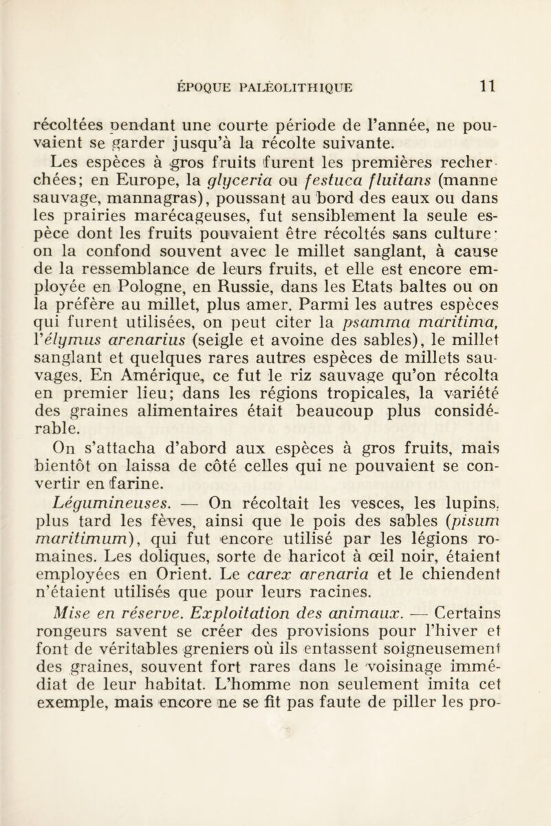 récoltées pendant une courte période de l’année, ne pou¬ vaient se garder jusqu’à la récolte suivante. Les espèces à gros fruits 'furent les premières recher¬ chées; en Europe, la glyceria ou festuca fluitans (manne sauvage, mannagras), poussant au bord des eaux ou dans les prairies marécageuses, fut sensiblement la seule es¬ pèce dont les fruits pouvaient être récoltés sans culture* on la confond souvent avec le millet sanglant, à cause de la ressemblance de leurs fruits, et elle est encore em¬ ployée en Pologne, en Russie, dans les Etats baltes ou on la préfère au millet, plus amer. Parmi les autres espèces qui furent utilisées, on peut citer la psamma maritima, Yélymus arenarius (seigle et avoine des sables), le millet sanglant et quelques rares autres espèces de millets sau¬ vages. En Amérique, ce fut le riz sauvage qu’on récolta en premier lieu; dans les régions tropicales, la variété des graines alimentaires était beaucoup plus considé¬ rable. On s’attacha d’abord aux espèces à gros fruits, mais bientôt on laissa de côté celles qui ne pouvaient se con¬ vertir en farine. Légumineuses. — On récoltait les vesces, les lupins, plus tard les fèves, ainsi que le pois des sables (pisum maritimum), qui fut encore utilisé par les légions ro¬ maines. Les doliques, sorte de haricot à œil noir, étaient employées en Orient. Le carex arenaria et le chiendent n’étaient utilisés que pour leurs racines. Mise en réserve. Exploitation des animaux. — Certains rongeurs savent se créer des provisions pour l’hiver et font de véritables greniers où ils entassent soigneusement des graines, souvent fort rares dans le voisinage immé¬ diat de leur habitat. L’homme non seulement imita cet exemple, mais encore ne se fit pas faute de piller les pro-