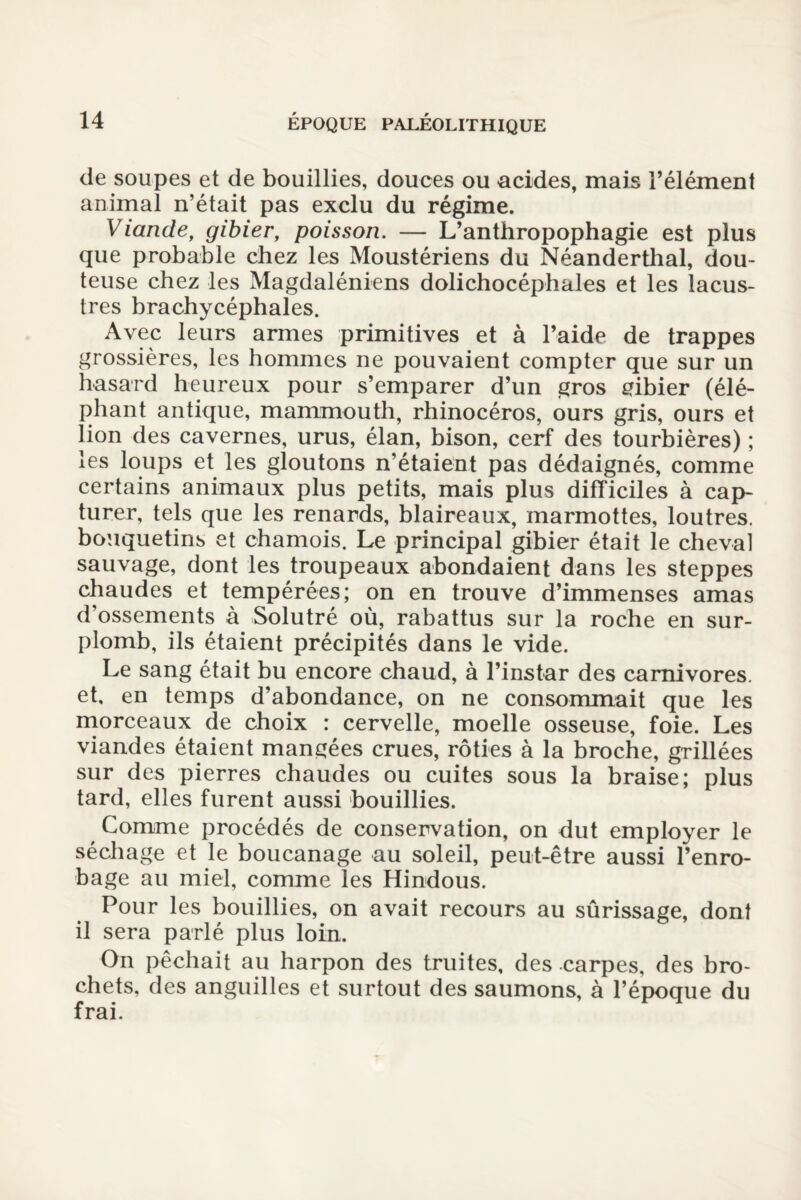 de soupes et de bouillies, douces ou acides, mais l’élément animal n’était pas exclu du régime. Viande, gibier, poisson. — L’anthropophagie est plus que probable chez les Moustériens du Néanderthal, dou¬ teuse chez les Magdaléniens dolichocéphales et les lacus¬ tres brachycéphales. Avec leurs armes primitives et à l’aide de trappes grossières, les hommes ne pouvaient compter que sur un hasard heureux pour s’emparer d’un gros gibier (élé¬ phant antique, mammouth, rhinocéros, ours gris, ours et lion des cavernes, urus, élan, bison, cerf des tourbières) ; les loups et les gloutons n’étaient pas dédaignés, comme certains animaux plus petits, mais plus difficiles à cap¬ turer, tels que les renards, blaireaux, marmottes, loutres, bouquetins et chamois. Le principal gibier était le cheval sauvage, dont les troupeaux abondaient dans les steppes chaudes et tempérées; on en trouve d’immenses amas d ossements à Solutré où, rabattus sur la roche en sur¬ plomb, ils étaient précipités dans le vide. Le sang était bu encore chaud, à l’instar des carnivores, et, en temps d’abondance, on ne consommait que les morceaux de choix : cervelle, moelle osseuse, foie. Les viandes étaient mangées crues, rôties à la broche, grillées sur des pierres chaudes ou cuites sous la braise; plus tard, elles furent aussi bouillies. Comme procédés de conservation, on dut employer le séchage et le boucanage au soleil, peut-être aussi l’enro¬ bage au miel, comme les Hindous. Pour les bouillies, on avait recours au sûrissage, dont il sera parlé plus loin. On pêchait au harpon des truites, des carpes, des bro¬ chets, des anguilles et surtout des saumons, à l’époque du frai.