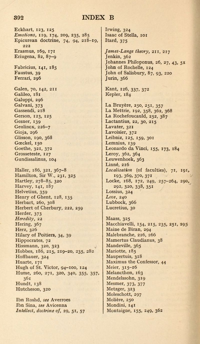 Eckhart, 123, 125 Emotions, 119, 174, 209, 235, 285 Epicurean doctrine, 74, 94, 218-19, 222 Erasmus, 169, 171 Eriugena, 82, 87-9 Fabricius, 141, 185 Faustus, 39 Ferrari, 296 Galen, 70, 142, 211 Galileo, 181 Galuppi, 296 Galvani, 373 Gassendi, 218 Gerson, 123, 125 Gesner, 139 Geulincx, 226-7 Gioja, 296 Glisson, 190, 368 Goeckel, 150 Goethe, 321, 372 Grosseteste, 127 Gundissalinus, 104 Haller, 186, 321, 367-8 Hamilton, Sir W., 231, 325 Hartley, 278-85, 320 Harvey, 141, 187 Helvetius, 359 Henry of Ghent, 128, 135 Herbart, 260, 308 Herbert of Cherbuiy, 222, 259 Herder, 373 Heredity, 22 Hering, 367 Herz, 326 Hilary of Poitiers, 34, 39 Hippocrates, 72 Hissmann, 320, 323 ^ Hobbes, 186, 215, 219-20, 235, 282 Hoffbauer, 324 Huarte, 171 Hugh of St. Victor, 94-100, 124 Hume, 260, 271, 320, 340, 355, 357, 361 Hundt, 138 Hutcheson, 320 I bn Roshd, see Averroes Ibn Sina, see Avicenna Intellect, doctrine of, 29, 51, 57 Irwing, 324 Isaac of Stella, 101 Itard, 375 James-Lange theory, 211, 217 Jenkin, 362 Johannes Philoponus, 26, 27, 43, 51 John of Rochelle, 124 John of Salisbury, 87, 93, 220 Jurin, 366 Kant, 126, 337, 372 Kepler, 184 La Bruyfere, 250, 251, 357 La Mettrie, 192, 358, 362, 368 La Rochefoucauld, 252, 387 Lactantius, 22, 30, 215 Lavater, 321 Lavoisier, 372 Leibniz, 125, 159, 301 Lemnius, 139 Leonardo da Vinci, 155, 173, 184 Leroy, 362, 364 Leuwenhoek, 363 Linn6, 216 Localization (of faculties), 71, 191 193. 369. 370. 371 Locke, 168, 172, 249, 257-264, 290 292, 320, 338, 351 Lossius, 324 Love, 240 Lubbock, 366 Lucretius, 30 Maass, 325 Macchiavelli, 154, 215, 235, 251, 295 Maine de Biran, 294 Malebranche, 226, 266 Mamertus Claudianus, 38 Mandeville, 365 Mariotte, 185 Maupertuis, 318 Maximus the Confessor, 44 Meier, 315-16 Melancthon, 163 Mendelssohn, 319 Mesmer, 373, 377 Metzger, 323 Moleschott, 297 Moli^re, 250 Mondini, 141 Montaigne, 155, 249, 362