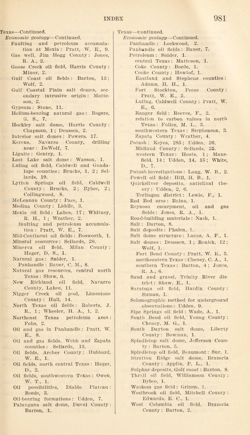 Texas—Continued. Economic geology—Continued. Faulting and petroleum accumula¬ tion at Mexia : Pratt, W. E., 9. Gas well, Jim Hogg County: Jones, R. A., 2. Goose Creek oil field, Harris County : Minor, 2. Gulf Coast oil fields: Barton, 13; Wolf, 2. Gulf Coastal Plain salt domes, sec¬ ondary intrusive origin : Matte- son, 2. Gypsum: Stone, 11. Helium-bearing natural gas : Rogers, G. S„ 7. Hockley salt dome, Harris County: Chapman, 1 ; Deussen, 2. Interior salt domes: Powers. 17. Kerens, Navarro County, drilling near : DeWolf, 7. Lignite: Gentry, 1. Lost Lake salt dome: Wasson, 1. Luling oil field, Caldwell and Guada¬ lupe counties: Brucks, 1, 2; Sel- lards, 19. Lytton Springs oil field, Caldwell County: Brucks, 2; Bybee, 2; Coliingwood, 8. McLennan County : Pace, 1. Medina County: Liddle, 3. Mexia oil field : Lahee, 17; Whitney, R. H., 1 ; Wrather, 2. faulting and petroleum accumula¬ tion : Pratt, W. E., 7. Mid-Continent oil fields : Bosworth, 1. Mineral resources : Sellards, 20. Minerva oil field, Milan County : Hager, D. S., 1. Natural gas: Snider, 1. Panhandle : Bauer, C. M., 8. Natural gas resources, central north Texas : Shaw, 6. New Richland oil field, Navarro County, Lahee, 11. Nigger Creek oil pool, Limestone County : Hull, 14. North Texas oil fields: Roberts, J. R., 1 ; Wheeler, H. A., 1, 2. Northeast Texas petroleum area: Fobs, 2. Oil and gas in Panhandle : Pratt, W. E., 8. Oil and gas fields, Webb and Zapata counties : Sellards, 13. Oil fields, Archer County: Hubbard, W. E., 1. Oil fields, north central Texas : Hager, D., 2. Oil fields, southwestern Texas : Owen, W. T., 1. Oil possibilities, Diablo Plateau: Beetle, 3. Oil-bearing formations: Udden, 7. Palangana salt dome, Duval County: Barton, 1. Texas—Continued. Economic geology—Continued. Panhandle: Lockwood, 2. Panhandle oil fields : Bauer, 7. Petroleum : Snider, 1. central Texas: Matteson, 1. Coke County: Beede, 1. Cooke County : Hawtof, 1. Eastland and Stephens counties: Adams, II. H., 1. Fort Stockton, Pecos County: Pratt, W. E., 2. Luling, Caldwell County : Pratt, W. E., 6. Ranger field : Reeves, F., 2. relation to carbon values in north Texas: Fuller, M. L., 3. southwestern Texas : Stephenson, 3. Zapata County: Wrather, 4. Potash : Keyes, 285; Udden, 26. Midland County: Sellards, 25. western Texas: Hoots, 1 ; Mans¬ field, 14; Udden, 14, 15; White, D., 7. Potash investigations : Lang, W. B., 2. Powell oil field : Hill, IP. B., 1. Quicksilver deposits, anticlinal the¬ ory : Udden, 2, 6. Terlingua district: Lewis, F., 1. Red Bed ores: Bains, 1. Reynosa escarpment, oil and gas fields: Jones, R. A., 1. Road-building materials : Nash, 1. Salt : Darton, 8. Salt deposits : Phalen, 1. Salt dome structure: Lucas, A. F., 1. Salt domes : Deussen, 1 ; Renick, 12 ; Wolf, 1. Fort Bend County : Pratt, W. E., 5. northeastern Texas : Cheney, C. A., 1. southern Texas: Barton, 4 ; Jones, R. A., 6. Sand and gravel, Trinity River dis¬ trict : Shaw, E., 1. Saratoga oil field, Hardin County: Suman, 1. Seismograpliic method for underground observations : Udden, 9. Sipe Springs oil field : Wade, A., 1. South Bend oil field,' Young County : Cheney, M. G., 1. South Dayton salt dome, Liberty County: Bowman, 1. Spindletop salt dome, Jefferson Coun¬ ty : Barton, 5. Spindletop oil field, Beaumont: Sur, 1. Stratton Ridge salt dome, Brazoria County: Applin, P. L., 1. Sulphur deposits, Gulf coast: Barton, 8. Thrall oil field, Williamson County: By bee, 1. Waskom gas field: Grimm, 1. Westbrook oil field, Mitchell County: Edwards, E. C., 1. West Columbia oil field, Brazoria County : Barton, 2.
