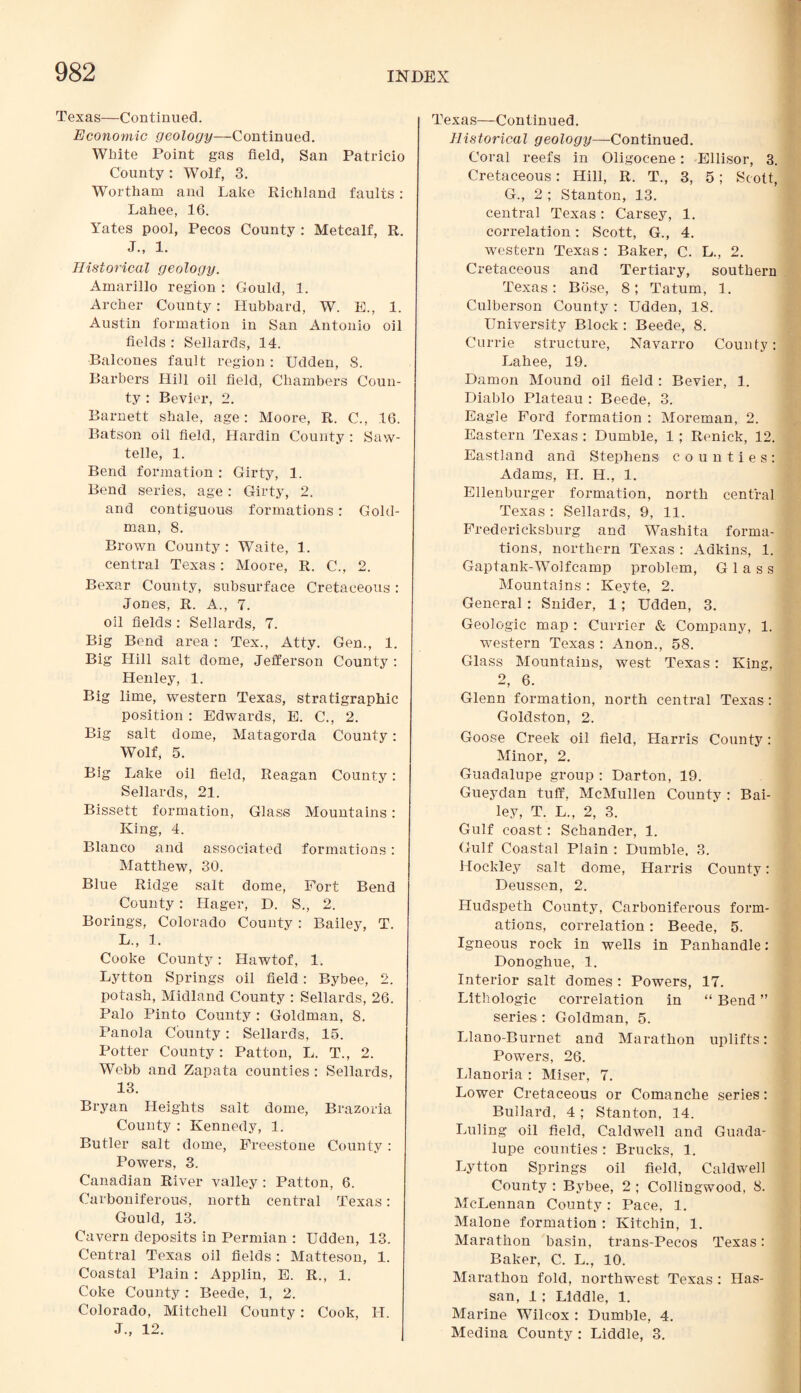 Texas—Continued. Economic geology—Continued. White Point gas field, San Patricio County : Wolf, 3. Wortham and Lake Richland faults: Lahee, 16. Yates pool, Pecos County : Metcalf, R. J., 1. Historical geology. Amarillo region : Gould, 1. Archer County: Hubbard, W. E., 1. Austin formation in San Antonio oil fields : Sellards, 14. Balcones fault region: Udden, S. Barbers Hill oil field, Chambers Coun¬ ty : Bevier, 2. Barnett shale, age: Moore, R. C., 16. Batson oil field, Hardin County : Saw- telle, 1. Bend formation : Girty, 1. Bend series, age : Girty, 2. and contiguous formations: Gold¬ man, 8. Brown County : Waite, 1. central Texas: Moore, R. C., 2. Bexar County, subsurface Cretaceous: Jones, R. A., 7. oil fields : Sellards, 7. Big Bend area: Tex., Atty. Gen., 1. Big Hill salt dome, Jefferson County : Henley, 1. Big lime, western Texas, stratigraphic position : Edwards, E. C., 2. Big salt dome, Matagorda County: Wolf, 5. Big Lake oil field, Reagan County: Sellards, 21. Bissett formation, Glass Mountains: King, 4. Blanco and associated formations: Matthew, 30. Blue Ridge salt dome, Fort Bend County: Hager, D. S., 2. Borings, Colorado County : Bailey, T. L„ 1. Cooke County: Hawtof, 1. Lytton Springs oil field: Bybee, 2. potash, Midland County : Sellards, 26. Palo Pinto County : Goldman, 8. Panola County: Sellards, 15. Potter County: Patton, L. T., 2. Webb and Zapata counties : Sellards, 13. Bryan Heights salt dome, Brazoria County : Kennedy, 1. Butler salt dome, Freestone County: Powers, 3. Canadian River valley : Patton, 6. Carboniferous, north central Texas: Gould, 13. Cavern deposits in Permian : Udden, 13. Central Texas oil fields : Matteson, 1. Coastal Plain : Applin, E. R., 1. Coke County: Beede, 1, 2. Colorado, Mitchell County: Cook, H. J., 12. Texas—Continued. Historical geology—Continued. Coral reefs in Oligocene: Ellisor, 3. Cretaceous: Hill, R. T., 3, 5; Scott, G., 2 ; Stanton, 13. central Texas: Carsey, 1. correlation: Scott, G., 4. western Texas : Baker, C. L., 2. Cretaceous and Tertiary, southern Texas: Bose, 8; Tatum, 1. Culberson County : Udden, 18. University Block : Beede, 8. Currie structure, Navarro County: Lahee, 19. Damon Mound oil field : Bevier, 1. Diablo Plateau : Beede, 3. Eagle Ford formation : Moreman, 2. Eastern Texas : Durable, 1 ; Renick, 12. Eastland and Stephens counties: Adams, LI. H., 1. Ellenburger formation, north central Texas : Sellards, 9, 11. Fredericksburg and Washita forma¬ tions, northern Texas : Adkins, 1. Gaptank-Wolfcamp problem, Glass Mountains: Keyte, 2. General : Snider, 1 ; Udden, 3. Geologic map : Currier & Company, 1. western Texas : Anon., 58. Glass Mountains, west Texas: King. 2, 6. Glenn formation, north central Texas: Goldston, 2. Goose Creek oil field, Harris County: Minor, 2. Guadalupe group : Darton, 19. Gueydan tuff, McMullen County : Bai¬ ley, T. L., 2, 3. Gulf coast: Schander, 1. Gulf Coastal Plain : Durable, 3. Hockley salt dome, Harris County: Deussen, 2. Hudspeth County, Carboniferous form¬ ations, correlation: Beede, 5. Igneous rock in wells in Panhandle: Donoghue, 1. Interior salt domes : Powers, 17. Lithologic correlation in “ Bend ” series : Goldman, 5. Llano-Burnet and Marathon uplifts: Powers, 26. IJanoria : Miser, 7. Lower Cretaceous or Comanche series: Bullard, 4; Stanton, 14. Luling oil field, Caldwell and Guada¬ lupe counties : Brucks, 1. Lytton Springs oil field, Caldwell County : Bybee, 2 ; Collingwood, 8. McLennan County: Pace, 1. Malone formation : Kitchin, 1. Marathon basin, trans-Pecos Texas: Baker, C. L., 10. Marathon fold, northwest Texas : Has- san, 1: Liddle, 1. Marine Wilcox : Durable, 4. Medina County : Liddle, 3.