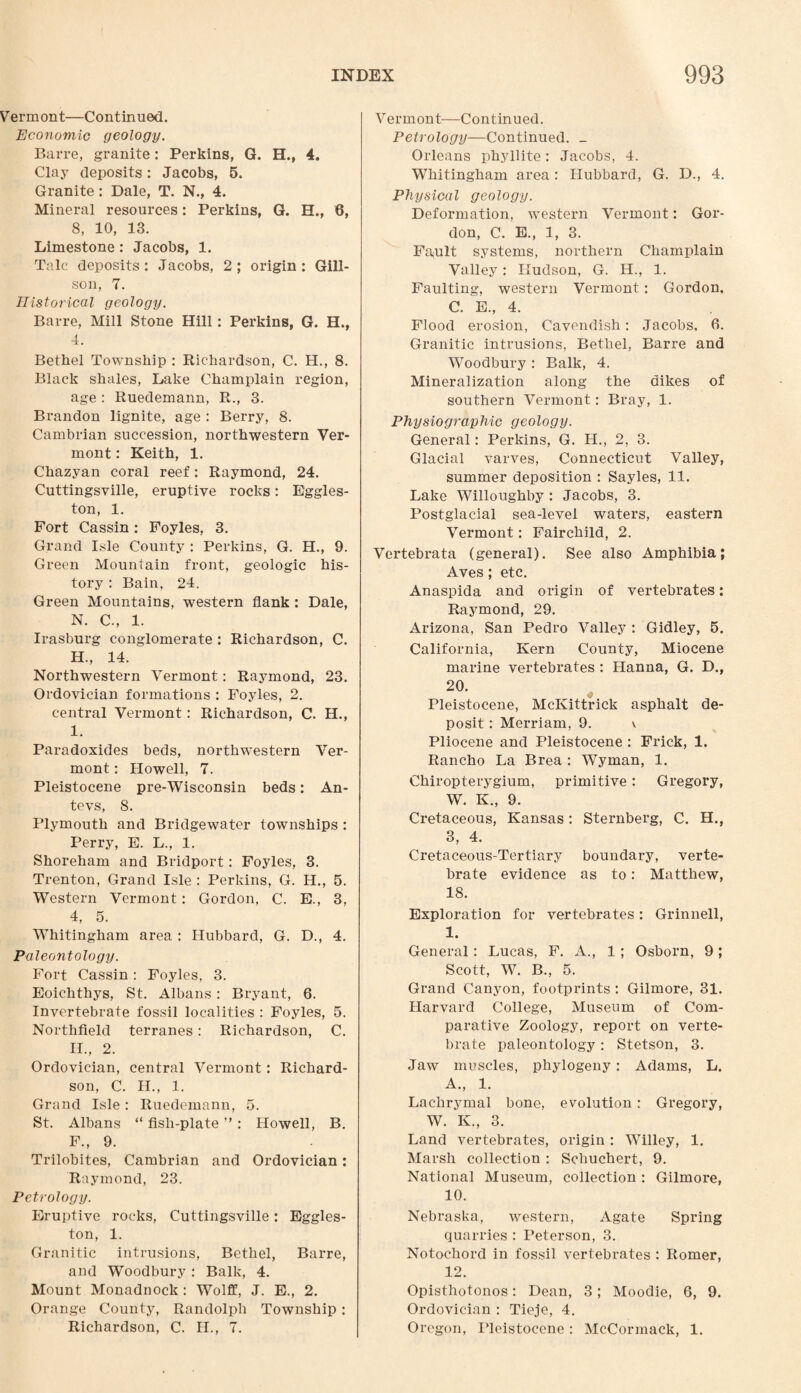 Vermont—Continued. Economic geology. Barre, granite : Perkins, G. H., 4. Clay deposits: Jacobs, 5. Granite : Dale, T. N., 4. Mineral resources: Perkins, G. E., 6, 8, 10, 13. Limestone : Jacobs, 1. Talc deposits: Jacobs, 2; origin: Gill- son, 7. Historical geology. Barre, Mill Stone Hill: Perkins, G. H., 4. Bethel Township : Richardson, C. H., 8. Black shales, Lake Champlain region, age : Ruedemann, R., 3. Brandon lignite, age : Berry, 8. Cambrian succession, northwestern Ver¬ mont : Keith, 1. Chazyan coral reef: Raymond, 24. Cuttingsville, eruptive rocks: Eggles¬ ton, 1. Fort Cassin: Foyles, 3. Grand Isle County : Perkins, G. H., 9. Green Mountain front, geologic his¬ tory : Bain, 24. Green Mountains, western flank : Dale, N. C., 1. Irasburg conglomerate: Richardson, C. H. , 14. Northwestern Vermont: Raymond, 23. Ordovician formations : Foyles, 2. central Vermont: Richardson, C. H., I. Paradoxides beds, northwestern Ver¬ mont : Howell, 7. Pleistocene pre-Wisconsin beds: An¬ te vs, 8. Plymouth and Bridgewater townships : Perry, E. L., 1. Shoreham and Bridport: Foyles, 3. Trenton, Grand Isle : Perkins, G. H., 5. Western Vermont: Gordon, C. E., 3, 4, 5. Whitingham area : Hubbard, G. D., 4. Paleontology. Fort Cassin : Foyles, 3. Eoichthys, St. Albans : Bryant, 6. Invertebrate fossil localities : Foyles, 5. Northfleld terranes: Richardson, C. II., 2. Ordovician, central Vermont : Richard¬ son, C. H., 1. Grand Isle: Ruedemann, 5. St. Albans “ flsli-plate ” : Howell, B. F., 9. Trilobites, Cambrian and Ordovician: Raymond, 23. Petrology. Eruptive rocks, Cuttingsville: Eggles¬ ton, 1. Granitic intrusions, Bethel, Barre, and Woodbury: Balk, 4. Mount Monadnock : Wolff, J. E., 2. Orange County, Randolph Township : Richardson, C. II., 7. V ermont—Continued. Petrology—Continued. _ Orleans phyllite: Jacobs, 4. Whitingham area : Hubbard, G. D., 4. Physical geology. Deformation, western Vermont: Gor¬ don, C. E., 1, 3. Fa^ult systems, northern Champlain Valley: Hudson, G. H., 1. Faulting, western Vermont : Gordon. C. E., 4. Flood erosion, Cavendish: Jacobs. 6. Granitic intrusions, Bethel, Barre and Woodbury: Balk, 4. Mineralization along the dikes of southern Vermont: Bray, 1. Physiographic geology. General: Perkins, G. H., 2, 3. Glacial varves, Connecticut Valley, summer deposition : Sayles, 11. Lake Willoughby : Jacobs, 3. Postglacial sea-level waters, eastern Vermont: Fairchild, 2. Vertebrata (general). See also Amphibia; Aves; etc. Anaspida and origin of vertebrates: Raymond, 29. Arizona, San Pedro Valley : Gidley, 5. California, Kern County, Miocene marine vertebrates : Hanna, G. D., 20. £ Pleistocene, McKittrick asphalt de¬ posit : Merriam, 9. \ Pliocene and Pleistocene : Frick, 1. Rancho La Brea : Wyman, 1. Chiropterygium, primitive: Gregory, W. K„ 9. Cretaceous, Kansas: Sternberg, C. H., 3, 4. Cretaceous-Tertiary boundary, verte¬ brate evidence as to: Matthew, 18. Exploration for vertebrates: Grinnell, 1. General: Lucas, F. A., 1 ; Osborn, 9; Scott, W. B., 5. Grand Canyon, footprints : Gilmore, 31. Harvard College, Museum of Com¬ parative Zoology, report on verte¬ brate paleontology: Stetson, 3. Jaw muscles, phylogeny: Adams, L. A., 1. Lachrymal bone, evolution : Gregory, W. K., 3. Land vertebrates, origin : Willey, 1. Marsh collection : Schuchert., 9. National Museum, collection : Gilmore, 10. Nebraska, western, Agate Spring quarries : Peterson, 3. Notochord in fossil vertebrates : Romer, 12. Opisthotonos: Dean, 3; Moodie, 6, 9. Ordovician : Tieje, 4. Oregon, Pleistocene: McCormack, 1.