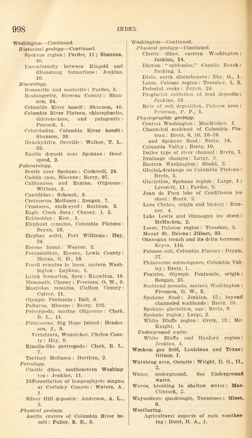 Washington—Continued. Historical geology—Continued. Spokane region : Pardee, 11; Shannon, 40. Unconformity between Ringold and Ellensburg formations: Jenkins, 10. Mineralogy. Bementite and neotocite : Pardee, 5. Boulangerite, Stevens County: Shan¬ non, 54. Columbia River basalt: Shannon, 40. Columbia River Plateau, chlorophaeite, sideromelane, and palagonite: Peacock, 1. Cristobalite, Columbia River basalt: Shannon, 36. Hexahydrite, Oroville: Walker, T. L., 53. Kaolin deposit near Spokane: Good- speed, 2. Paleontology. Beetle near Spokane: Cockerell, 24. Caddis case, Miocene : Berry, 97. Callianassa and Ranina, Oligocene : Withers, 3. Cassididae: Schenck, 3. Cretaceous Mollusca: Reagan, 7. Crustacea, stalk-eyed: Rathbun, 5. Eagle Creek flora: Chaney, 1, 2. Echinoidea : Kew, 3. Elephant remains, Columbia Plateau: Bryan, 26. Elephas eellsi, Port Williams: Hay, 34. Eocene fauna: Weaver, 3. Foraminifera, Eocene, Lewis County: Hanna, G. D., 18. Fossil remains in loess, eastern Wash¬ ington : Lapham, 1. Latah formation, flora : Knowlton, 16. Mammoth, Cheney : Freeman, O. W., 6. Mastodon remains, Clallam County: Culver, 11. Olympic Peninsula : Dali, 6. Paliurus, Miocene: Berry, 102. Pelecypoda, marine Oligocene: Clark, B. L., 11. Pleistocene, Big Hope Island : Hender¬ son, J., 9. Yertebrata, Wenatchee, Chelan Coun¬ ty : Hay, 9. Rimella-like gastropods: Clark, B. L., 7. Tertiary Mollusca : Hertlein, 2. Petrology. Clastic dikes, southeastern Washing¬ ton : Jenkins, 11. Differentiation of lamprophyric magma at Corbaley Canyon : Waters, A., 1. Silver Hill deposits : Anderson, A. L.,, 5. Physical geology. Asotin craters of Columbia River ba¬ salt : Fuller, R. E., 3. Washington—Continued. Physical geology—Continued. Clastic dikes, eastern Washington r Jenkins, 14. Diatom “ epidemics,” Copalis Beach: Becking, 1. Dixie, earth disturbances : Eby, G., 1.. Loess, Palouse region : Treasher, 1, 3. Pedestal rocks : Bryan, 24. Preglacial oxidation of lead deposits: Jenkins, 16. Rate of soil deposition, Palouse area: Peterson, P. P., 1. Physiographic geology. Central Washington : MacMacken 1. Channeled scabland of Columbia Pla¬ teau : Bretz, 6, 10, 16-19. and Spokane flood: Bretz, 14. Columbia Valley : Bretz, 10. Dalles type of river channel: Bretz, 7_ Drainage changes: Large, 3. Eastern Washington: Shedd, 3. Glacial*drainage on Columbia Plateau: Bretz, 5. Glaciation, Spokane region : Large, 1 ; Leverett, 11; Pardee, 9. Juan de Fuca lobe of Cordilleran ice sheet: Bretz, 2. Lake Chelan, origin and history : Run¬ ner, 4. Lake Lewis and Okanogan ice sheet: McMacken, 2. Loess, Palouse region : Treasher, 3. Mount St. Helens : Jillson, 33. Okanogan trench and its delta terraces: Keyes, 116. Palouse soil, Columbia Plateau : Bryan, 27. Pleistocene submergence, Columbia Val¬ ley : Bretz, 1. Prairies, Olympic Peninsula, origin t Reagan, 23. Scabland mounds, eastern Washington : Freeman, O. W., 5. Spokane flood: Jenkins, 15; beyond channeled scablands : Bretz, 10. Spokane glaciation, age : Bretz, 9. Spokane region; Large, 2. White Bluffs region: Gretz, 15; Mc- Knight, 1. Underground icater. White Bluffs and Hanford region: Jenkins, 4. Waskom gas field, Louisiana and Texas: Grimm, 1. Watabeag area, Ontario : Wright, D. G., II., 2. Water, underground. See Underground water. Waves, breaking in shallow water: Mac- Clintock, 2. Waynesboro quadrangle, Tennessee: Miser, 6. Weathering. Agricultural aspects of rock weather¬ ing : Hunt, H. A., 1.