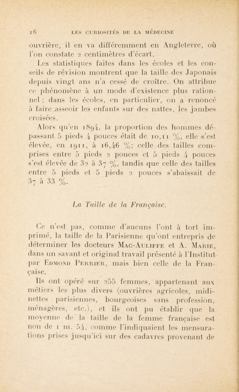 ouvrière, il en va différemment en Angleterre, où l’on constate 2 centimètres d’écart. Les statistiques faites dans les écoles et les con¬ seils de révision montrent que la taille des Japonais depuis vingt ans n’a cessé de croître. On attribue ce phénomène à un mode d’existence plus ration¬ nel ; dans les écoles, en particulier, on a renoncé à faire .asseoir les enfants sur des nattes, les jambes croisées. Alors qu’en i8g4, la proportion des hommes dé¬ passant 5 pieds 4 pouces était de 10,11 %, elle s’est élevée, en 1911, à 16,46 %; celle des tailles com¬ prises entre 5 pieds 2 pouces et 5 pieds 4 pouces s’est élevée de 32 à 37 %, tandis que celle des tailles entre 5 pieds et 5 pieds 2 pouces s’abaissait de 37 à 33 %. La Taille de la Française. s Ce n’est pas, comme d’aucuns l’ont à tort im¬ primé, la taille de la Parisienne qu’ont entrepris de déterminer les docteurs Mac-Auliffe et A. Marie, dans un savant et original travail présenté à l’Institut par Edmond Perrter, mais bien celle de la Fran¬ çaise. Ils ont opéré sur 255 femmes, appartenant aux métiers les plus divers (ouvrières agricoles, midi- nettes parisiennes, bourgeoises sans profession, ménagères, etc.), et ils ont pu établir que la moyenne de la faille de la femme française est non de 1 m. 54, comme l’indiquaient les mensura¬ tions prises jusqu ici sur des cadavres provenant de