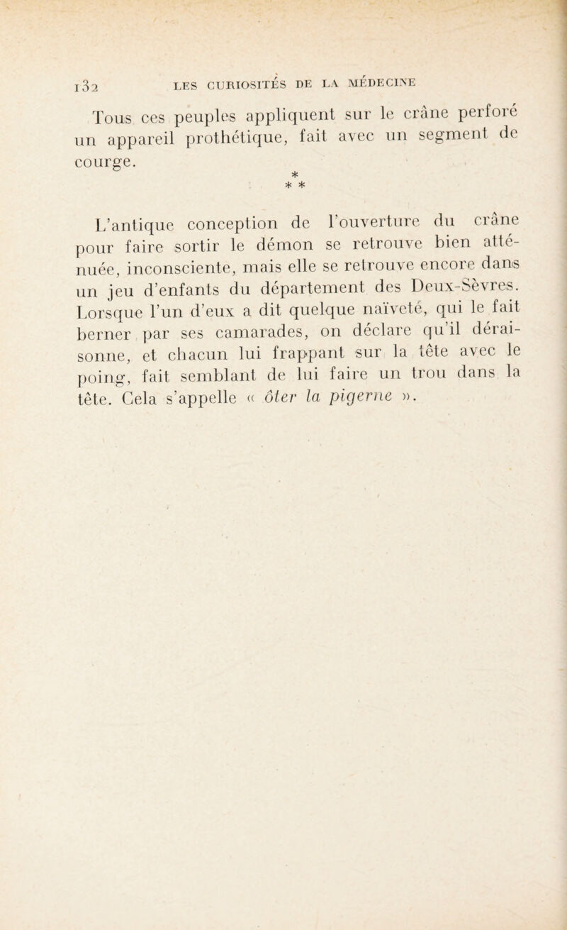 Tous ces peuples appliquent sur le crâne perforé un appareil prothétique, fait avec un segment de courge. * * * L’antique conception de l’ouverture du crâne pour faire sortir le démon se retrouve bien atté¬ nuée, inconsciente, mais elle se retrouve encore dans un jeu d’enfants du département des Deux-Sèvres. Lorsque l’un d’eux a dit quelque naïveté, qui le fait berner par ses camarades, on déclare qu’il dérai¬ sonne, et chacun lui frappant sur la tête avec le poing, fait semblant de lui faire un trou dans la tête. Gela s’appelle « ôter la piger ne ».