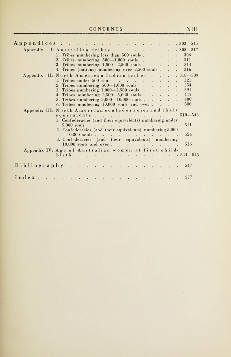 A p p e n d i Appendix Appendix Appendix Appendix B i b 1 i o g i ces. 303—543 I: Australian tribes. 305—317 1. Trib es numbering less than 500 souls.306 2. Tribes numbering 500—1,000 souls.311 3. Tribes numbering 1,000—2,500 souls.314 4. Tribes (nations) numbering over 2,500 souls . . . 316 II: North American Indian tribes , . . . 318—509 1. Tribes under 500 souls.321 2. Tribes numbering 500—1,000 souls.354 3. Tribes numbering 1,000—2,500 souls.391 4. Tribes numbering 2,500—5,000 souls.447 5. Tribes numbering 5,000—10,000 souls.480 6. Tribes numbering 10,000 souls and over .... 500 III: North American confederacies and their equivalents.510—543 1. Confederacies (and their equivalents) numbering under 5,000 souls.511 2. Confederacies (and their equivalents) numbering 5,000 -—10,000 souls.524 3. Confederacies (and their equivalents) numbering 10,000 souls and over.536 IV: Age of Australian women at first child¬ birth . 544—545 aphy.547 Index . 577