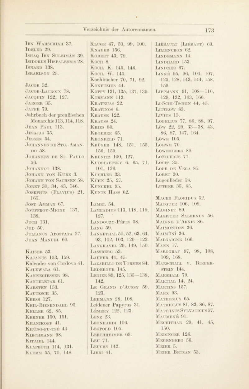 Ibn Wahschiah 37. Tdeler 29. Tshaq Ibn Suleimän 39. Tsidorus Hispalensis 28. TSNARD 138. fSRAELSON 25. Jacob 32. Jacob-Lacrotx 78. Jacquin 122, 127. Jaeger 35. Jaffe 79. Jahrbuch der preußischen Monarchie 113,114,118. Jean Paul 113. Jesajas 35. Jessen 54. Johannes de Sto.-Aman- do 58. Johannes de St. Paulo 56. Jon ANNOT 138. Johann von Kube 3. Johann von Sachsen 58. Joret 30, 34, 43, 140. Josephus (Flavius) 21, 165. Jost Amman 67. Jouffroy-Mtgne 137, 138. Juch 131. Jud 50. Julianus Apostata 27. Juan Manuel 60. Kaiser 53. Kajanus 153, 159. Kalender von Cordova 41. Kalewala 61. KANNEGIESSER 98. Kanteletar 61. Karsten 153. Kautzsch 35. Keess 127. Keil-Biesendahl 95. Keller 62, 85. Kerner 150, 151. Khanikoff 41. Khüng-fu-tse 44. Kirchmann 98. Kitaibl 144. Klaproth 114, 131. Klemm 55, 70, 148. Kluge 47, 50, 99, 100. Knauer 156. Kobert 43, 79. Koch 8. Koch, K. 145, 146. Koch, W. 145. Kochbücher 70, 71, 92. Konfuzius 44. Koppy 131, 135, 137, 139. Kormann 113. Krateuas 22. Kratinos 6. Krause 122. Krauss 24. Kries 80. Kroeber 65. Kronfeld 71, Krüger 148, 151, 155, 156, 159. Krünitz 100, 127. Kudriaffsky 6, 65, 71, 101, 126. Küchler 33. Kühn 25, 27. Kunckel 95. Kuntz Hass 62. Lambl 54. Lampadius 113, 118, 119, 127. Landouzy-Pepin 58. Lang 59. Langethal 50, 52, 63, 64, 93, 102, 103, 120-122. Langkavel 29, 149, 150. Lassberg 53. Läufer 44, 45. Lazarillo de Tormes 84. Ledebour 145. Legier 89, 125, 135—138, 142. Le Grand d’Aussy 59, 123. Lehmann 28, 108. Leidener Papyrus 31. Lemery 122, 123. Lenz 23. Leonhardi 106. Leopold 105. Lerchheimer 69. Leu 71. Leuchs 142. Ltbrt 41. 173 Liebault (Liebattt) 69. Liliencron 62. Lindemann 14. Lindhard 153. Lindner 67. Linne 95, 96, 104, 107, 125, 128, 143, 144, 158, 159. IA PPM ANN 91, 108—110, 129, 132, 163, 166. Li-Schi-Tschin 44, 45. Littrow 83. Livius 13. Lobelius 77, 86, 88, 97. Löw 22. 29. 33 38, 43, 86, 87, 147, 164. Löwe 105. Loewe 70. Löwenberg 80. Lonicerus 77. Loofs 35. Lope de Vega 85. Lobet 30. Lügenlieder 58. Luther 35, 65. Mager Floridus 52. Macquer 106, 109. Maginet 89. Magister Salernus 56. Maigne d’Arnis 86. Maimonides 36. Maimüni 36. Malgaigne 166. Mann 17. M ARGGRAF 97, 98, 108, 109, 168. Marschall v. Bieber¬ stein 144. Marshall 79. Martial 14, 24. Martins 157. Marx 93. Mathesius 65. Mathiolus 81, 83, 86, 87. Matthäus Sylvaticus 57. Maumene 91. Mechithar 29, 41, 45, 150. Me DINGER 126. M egenberg 56. Meier 5. Meier Betzan 53.