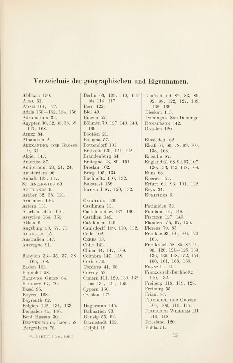 Verzeichnis (1er geographischen und Eigennamen. Abbazia 150. Abel 51. Adam 101, 127. Adria 150—152, 154, 156. Adru metum .42. Ägypten 30, 32, 35, 38, 39, i 47, 168. Airez 84. Albanesen 2. Alexander der Grosse 9, 31. Algier 147. Amerika 87. Amiternum 20, 21, 24. Amsterdam 96. Anhalt 103, 117. St. Anthonius 69. Antigonus 9. Araber 32, 38, 121. Armenien 146. Artern 131. Aserbeidschan 146. Assyrien 164, 165. Athen 6. Augsburg 53, 57, 71. Augustus 15. Australien 147. Auvergne 91. Babylon 33-35, 37, 38, 165, 168. Baden 102. Bagnolet 58. Baldung Grien 84. Bamberg 67, 70. Basel 95. Bayern 168. Bayreuth 62. Belgien 122, 131, 133. Bengalen 45, 146. Beni Hassan 30. Benvenuto da Imola 58. Bergzabern 78. Berlin 63, 109, 110, 112 bis 114, 117. Bern 122. Biel 49. Bingen 52. Böhmen 70, 127, 140, 143, 169. Böotien 21. Bologna 57. Bottendorf 131. Brabant 120, 121, 122. Brandenburg 64. Bretagne 13, 89, 151. Breslau 102. Brieg 105, 134. Buchholtz 110, 132. Bukarest 158. Burgund 87, 120, 132. Cardiddu 126. Casilinum 13. Castelnaudary 137, 160. Castilien 149. Catalonien 149. Caulsdorff 109, 110, 132. Celle 102. Ceres 13. Chile 142. China 44, 147, 168. Coimbra 147, 158. Corbie 50. Cordova 41, 68. Corvey 52. Cunern 111, 129, 130, 132 bis 134, 141, 169. Cypern 150. Czaslau 127. Daghestan 145. Dalmatien 73. Danzig 55, 62. Darmstadt 102. Delphi 19. Deutschland 82, 83, 89, 92, 98, 122, 127, 139, 168, 169. Dieskau 113. Domingo s. San Domingo. Donaldson 142. Dresden 120. Einsiedeln 62. Elsaß 64, 69, 78, 99, 107, 138, 168. Engadin 87. England 61,88,92,97,107. 126, 133, 142, 148, 168. Enns 68. Eperies 127. Erfurt 63, 93, 101, 122. Eryx 34. Euripides 6. Fatimiden 32. Finnland 61, 148. Fischer 127, 140. Flandern 55, 97, 126. Florenz 79, 83. Franken 93, 101, 104, 120 168. Frankreich 58, 85, 87, 91, 96, 120, 121-125, 133, 136, 139, 148, 152, 154, 160, 161, 168, 169. Franz II. 141. Französisch-Buchholtz 110, 132. Freiberg 118, 119, 128. Freiburg 55. Friaul 87. Friedrich der Grosse 104, 109, 110, 117. Friedrich Wilhelm III. 110, 118. Friesland 120. Fulda 51. v. L i p p in a n ii, Rübe. 12
