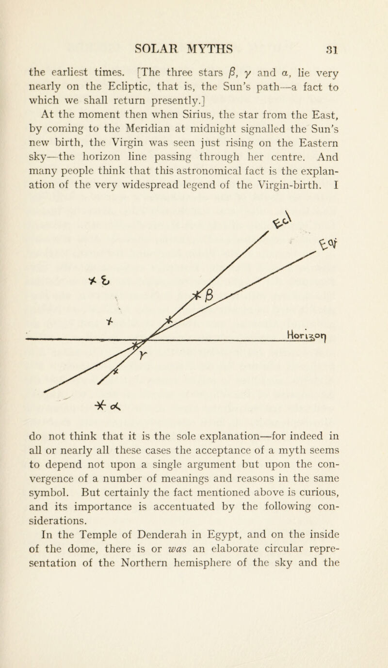 the earliest times. [The three stars y and a, lie very nearly on the Ecliptic, that is, the Sun’s path—a fact to which we shall return presently.] At the moment then when Sirius, the star from the East, by coming to the Meridian at midnight signalled the Sun’s new birth, the Virgin was seen just rising on the Eastern sky—the horizon line passing through her centre. And many people think that this astronomical fact is the explan¬ ation of the very widespread legend of the Virgin-birth. I do not think that it is the sole explanation—for indeed in all or nearly all these cases the acceptance of a myth seems to depend not upon a single argument but upon the con¬ vergence of a number of meanings and reasons in the same symbol. But certainly the fact mentioned above is curious, and its importance is accentuated by the following con¬ siderations. In the Temple of Denderah in Egypt, and on the inside of the dome, there is or was an elaborate circular repre¬ sentation of the Northern hemisphere of the sky and the