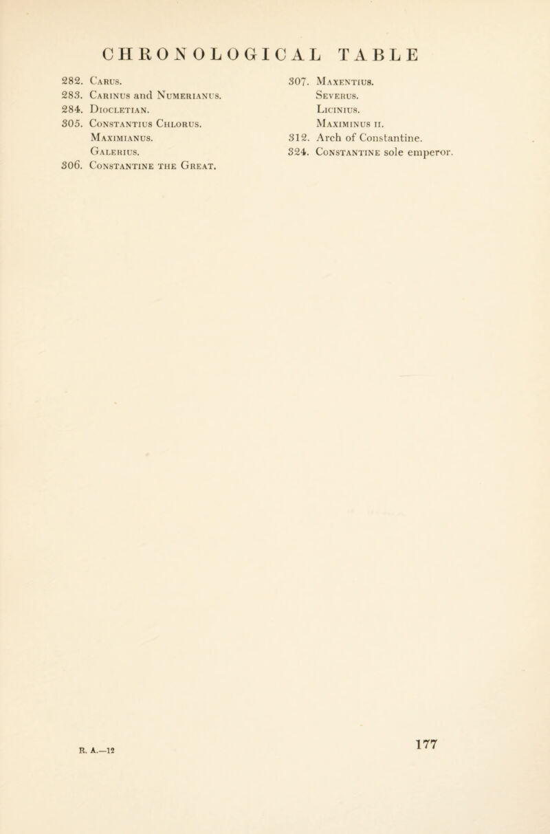 CHRONOLOGICAL TABLE 282. Carus. 283. Carinus and Numerianus. 284. Diocletian. 305. Constantius Chlorus. M AXIMIANUS. Galerius. 306. Constantine the Great. 307. Maxentius. Severus. Licinius. Maximinus ii. 312. Arch of Constantine. 324. Constantine sole emperor. R. A.—12