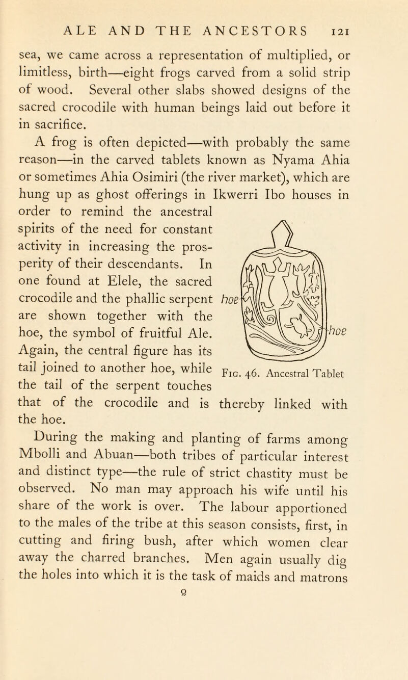 sea, we came across a representation of multiplied, or limitless, birth—eight frogs carved from a solid strip of wood. Several other slabs showed designs of the sacred crocodile with human beings laid out before it in sacrifice. A frog is often depicted—with probably the same reason—in the carved tablets known as Nyama Ahia or sometimes Ahia Osimiri (the river market), which are hung up as ghost offerings in Ikwerri Ibo houses in order to remind the ancestral spirits of the need for constant activity in increasing the pros¬ perity of their descendants. In one found at Elele, the sacred crocodile and the phallic serpent are shown together with the hoe, the symbol of fruitful Ale. Again, the central figure has its tail joined to another hoe, while the tail of the serpent touches that of the crocodile and is the hoe. During the making and planting of farms among Mbolli and Abuan—both tribes of particular interest and distinct type—the rule of strict chastity must be observed. No man may approach his wife until his share of the work is over. The labour apportioned to the males of the tribe at this season consists, first, in cutting and firing bush, after which women clear away the charred branches. Men again usually dig the holes into which it is the task of maids and matrons Q Fig. 46. Ancestral Tablet thereby linked with
