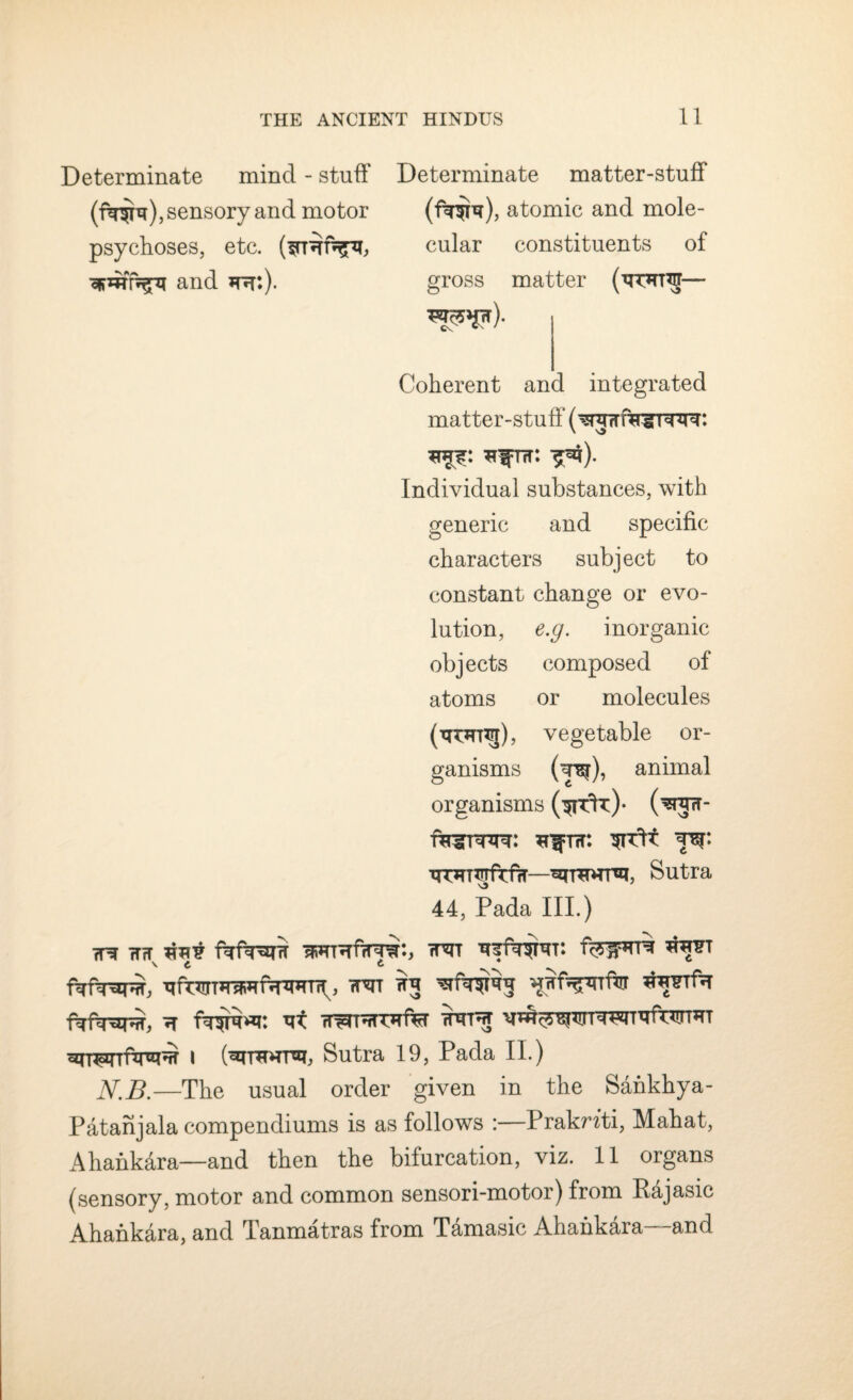 Determinate mind - stuff Determinate matter-stuff (fa^hr), sensory and motor (fa^re), atomic and mole- psychoses, etc. cular constituents of and *nr.)- gross matter — Coherent and integrated matter-stuff Individual substances, with generic and specific characters subject to constant change or evo¬ lution, e.g. inorganic objects composed of atoms or molecules (tri*rpg), vegetable or¬ ganisms animal organisms (^3^* HfTir: ^rutt fsp Tir^^nrftfw—^Twrai, Sutra o 44, Pada III.) 7T? HH Jin? faftrar? nw?T v C * .* ^ ftfrarsr, fT^T 7T3 '4rTf^T% f%P^xq*iU rr^TnTmftrT rDTRT SHTN W^funiDU ^i^mPwfr i (^HTRroi, Sutra 19, Pada II.) N.B.—The usual order given in the Sankhya- Patanjala compendiums is as follows :—Praknti, Mahat, Ahank&ra—and then the bifurcation, viz. 11 organs (sensory, motor and common sensori-motor) from Pajasic Ahankara, and Tanmatras from Tamasic Ahahkara—and