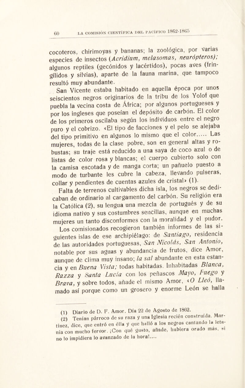cocoteros, chirimoyas y bananas; la zoológica, por Varias especies de insectos (Acridium, melasomas, neurópteros); algunos reptiles (gecónidos y lacértidos), pocas aves (frin¬ gílidos y Silvias), aparte de la fauna marina, que tampoco resultó muy abundante. San Vicente estaba habitado en aquella época por unos seiscientos negros originarios de la tribu de los Yolof que puebla la vecina costa de África; por algunos portugueses y por los ingleses que poseían el depósito de carbón. El color de los primeros oscilaba según los individuos entre el negro puro y el cobrizo. ‘El tipo de facciones y el pelo se alejaba del tipo primitivo en algunos lo mismo que el color. Las mujeres, todas de la clase pobre, son en general altas y ro¬ bustas; su traje está reducido a una saya de coco azul o de listas de color rosa y blancas; el cuerpo cubierto solo con la camisa escotada y de manga corta; un pañuelo puesto a modo de turbante les cubre la cabeza, llevando pulseras, collar y pendientes de cuentas azules de cristal» (1). Falta de terrenos cultivables dicha isla, los negros se dedi¬ caban de ordinario al cargamento del carbón. Su religión era la Católica (2), su lengua una mezcla de portugués y de su idioma nativo y sus costumbres sencillas, aunque en muchas mujeres un tanto disconformes con la moralidad y el pudor. Los comisionados recogieron también informes de las si¬ guientes islas de ese archipiélago: de Santiago, residencia de las autoridades portuguesas, San Nicolás, San Antonio, notable por sus aguas y abundancia de frutos, dice Amor, aunque de clima muy insano; la sal abundante en esta estan¬ cia y en Buena Vista; todas habitadas. Inhabitadas Blanca, Razza y Santa Lucía con los peñascos Mayo, Fuego y Brava, y sobre todos, añade el mismo Amor, «O Lleó, lla¬ mado así porque como un grosero y enorme León se halla (1) Diario de D. F. Amor. Día 22 de Agosto de 1862. (2) Tenían párroco de su raza y una Iglesia recién construida. Mar¬ tínez, dice, que entró en ella y que halló a los negros cantando la leta¬ nía con mucho fervor. ¡Con qué gusto, añade, hubiera orado mas, si no lo impidiera lo avanzado de la hora!....