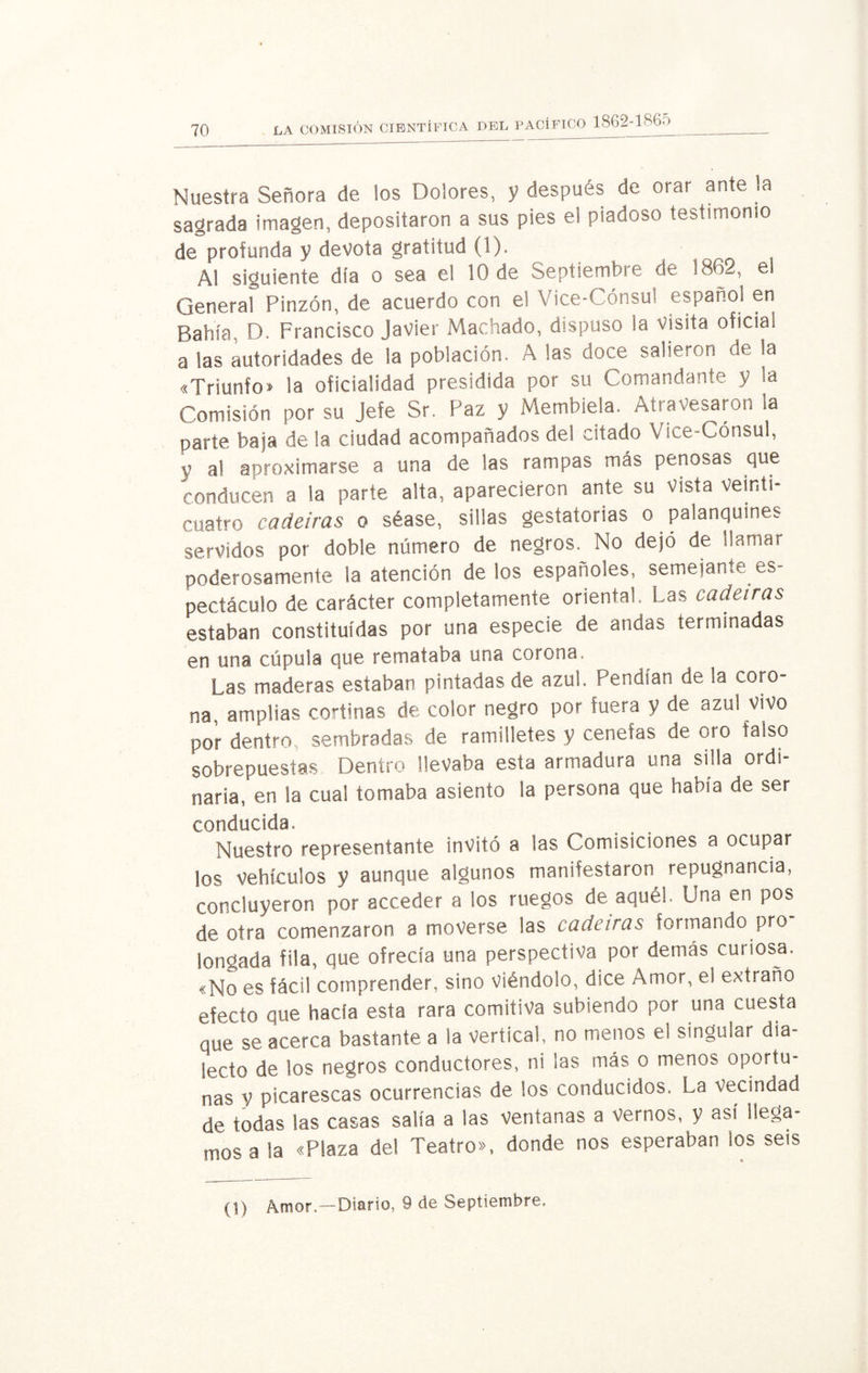 Nuestra Señora de los Dolores, y después de orar ante la sagrada imagen, depositaron a sus píes el piadoso testimonio de profunda y devota gratitud (1). Al siguiente día o sea el 10 de Septiembre de 1862, el General Pinzón, de acuerdo con el Vice-Cónsul español en Bahía, D. Francisco Javier Machado, dispuso la visita oficias a las autoridades de la población. A las doce salieron de la «Triunfo» la oficialidad presidida por su Comandante y la Comisión por su Jefe Sr. Paz y Membiela. Atravesaron la parte baja de la ciudad acompañados del citado Vice-Cónsul, y al aproximarse a una de las rampas más penosas que conducen a la parte alta, aparecieron ante su vista veinti¬ cuatro cadeiras o séase, sillas gestatorias o palanquines servidos por doble número de negros. No dejó de llamar poderosamente la atención délos españoles, semejante es¬ pectáculo de carácter completamente oriental. Las cadeiras estaban constituidas por una especie de andas terminadas en una cúpula que remataba una corona. Las maderas estaban pintadas de azul. Pendían de la coro¬ na amplias cortinas de color negro por tuera y de azul vivo por dentro, sembradas de ramilletes y cenefas de oro falso sobrepuestas Dentro llevaba esta armadura una silla ordi¬ naria, en la cual tomaba asiento la persona que había de ser conducida. Nuestro representante invitó a las Comisiciones a ocupar los vehículos y aunque algunos manifestaron repugnancia, concluyeron por acceder a los ruegos de aquél. Una en pos de otra comenzaron a moverse las cadeiras formando pro longada fila, que ofrecía una perspectiva por demás curiosa. «No es fácil comprender, sino viéndolo, dice Amor, el extraño efecto que hacía esta rara comitiva subiendo por una cuesta que se acerca bastante a la vertical, no menos el singular dia¬ lecto de los negros conductores, ni las más o menos oportu¬ nas y picarescas ocurrencias de los conducidos. La vecindad de todas las casas salía a las ventanas a vernos, y así llega¬ mos a la «Plaza del Teatro», donde nos esperaban los sets (1) Amor.—Diario, 9 de Septiembre.