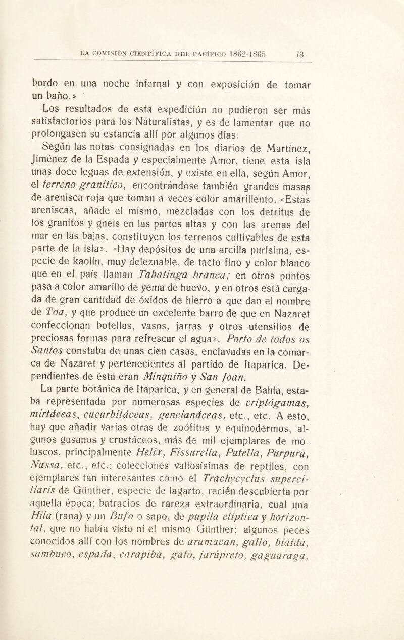 bordo en una noche infernal y con exposición de tomar un baño.» Los resultados de esta expedición no pudieron ser más satisfactorios para los Naturalistas, y es de lamentar que no prolongasen su estancia allí por algunos días. Según las notas consignadas en ¡os diarios de Martínez, Jiménez de la Espada y especialmente Amor, tiene esta isla unas doce leguas de extensión, y existe en ella, según Amor, el terreno granítico, encontrándose también grandes masajs de arenisca roja que toman a veces color amarillento. «Estas areniscas, añade el mismo, mezcladas con los detritus de los granitos y gneis en las partes altas y con las arenas del mar en las bajas, constituyen los terrenos cultivables de esta parte de la isla». «Hay depósitos de una arcilla purísima, es¬ pecie de kaolín, muy deleznable, de tacto fino y color blanco que en el país llaman Tabatinga branca; en otros puntos pasa a color amarillo de yema de huevo, y en otros está carga¬ da de gran cantidad de óxidos de hierro a que dan el nombre de Toa, y que produce un excelente barro de que en Nazaret confeccionan botellas, vasos, jarras y otros utensilios de preciosas formas para refrescar el agua». Porto de todos os Santos constaba de unas cien casas, enclavadas en la comar¬ ca de Nazaret y pertenecientes al partido de Itaparica. De¬ pendientes de ésta eran Minqaiño y San Joan. La parte botánica de Itaparica, y en genera! de Bahía, esta¬ ba representada por numerosas especies de criptógamas, mirtáceas, cucurbitáceas, gcncianáceas, etc., etc. A esto, hay que añadir Varias otras de zoófitos y equinodermos, al¬ gunos gusanos y crustáceos, más de mil ejemplares de mo luscos, principalmente Helix, Fissurclla, Patella, Purpura, Nassa, etc., etc.; colecciones valiosísimas de reptiles, con ejemplares tan interesantes como el Trachycyclus superci- liaris de Günther, especie de lagarto, recién descubierta por aquella época; batracios de rareza extraordinaria, cual una Hila (rana) y un Bufo o sapo, de pupila elíptica y horizon¬ tal, que no había visto ni el mismo Günther; algunos peces conocidos allí con los nombres de aramacan, gallo, biaída, sambuco, espada, carapiba, gato, jarúprcto, g agua rapa,