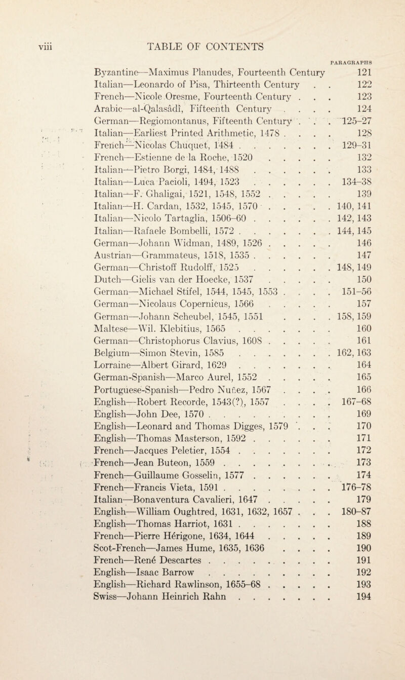 PARAGRAPHS Byzantine—Maximus Planudes, Fourteenth Century 121 Italian—Leonardo of Pisa, Thirteenth Century . . 122 French—Nicole Oresme, Fourteenth Century . . . 123 Arabic—al-Qalasadi, Fifteenth Century .... 124 German—Regiomontanus, Fifteenth Century ' . . 125-27 Italian—Earliest Printed Arithmetic, 1478 .... 128 French—Nicolas Chuquet, 1484 ....... 129-31 French—Estienne de la Roche, 1520 . 132 Italiaim-Pietro Borgi, 1484, 1488 . 133 Italian—Luca Pacioli, 1494, 1523 . 134-38 Italian-^-F. Ghaligai, 1521, 1548, 1552 . 139 Italian-Mi. Cardan, 1532, 1545, 1570 . 140, 141 Italian—-Nicolo Tartaglia, 1506-60 ...... 142, 143 Italian—Rafaele Bombelli, 1572 . 144, 145 German—Johann Widman, 1489, 1526 . 146 Austrian—Grammateus, 1518, 1535 . 147 German—Christoff Rudolff, 1525 . 148, 149 Dutch—Gielis van der Hoecke, 1537 . 150 German—Michael Stifel, 1544, 1545, 1553 .... 151-56 German—Nicolaus Copernicus, 1566 . 157 German—Johann Scheubel, 1545, 1551 .... 158,159 Maltese—-Wil. Klebitius, 1565 . 160 German—Christophorus Clavius, 160S. 161 Belgium—Simon Stevin, 1585 . 162,163 Lorraine—Albert Girard, 1629 . 164 German-Spanish—Marco Aurel, 1552 . 165 Portuguese-Spanish—Pedro Nunez, 1567 .... 166 English—Robert Recorde, 1543(?), 1557 .... 167-68 English—John Dee, 1570 . 169 English—Leonard and Thomas Digges, 1579 . . . 170 English—Thomas Masterson, 1592 . 171 French—Jacques Peletier, 1554 . 172 French—Jean Buteon, 1559 . 173 French—Guillaume Gosselin, 1577 . 174 French—Francis Vieta, 1591 . 176-78 Italian—Bonaventura Cavalieri, 1647 . 179 English—William Oughtred, 1631, 1632, 1657 . . . 180-87 English—Thomas Harriot, 1631. 188 French—Pierre Herigone, 1634, 1644 . 189 Scot-French—James Hume, 1635, 1636 .... 190 French—Ren6 Descartes. 191 English—Isaac Barrow. 192 English—Richard Rawlinson, 1655-68 . 193 Swiss—Johann Heinrich Rahn. 194