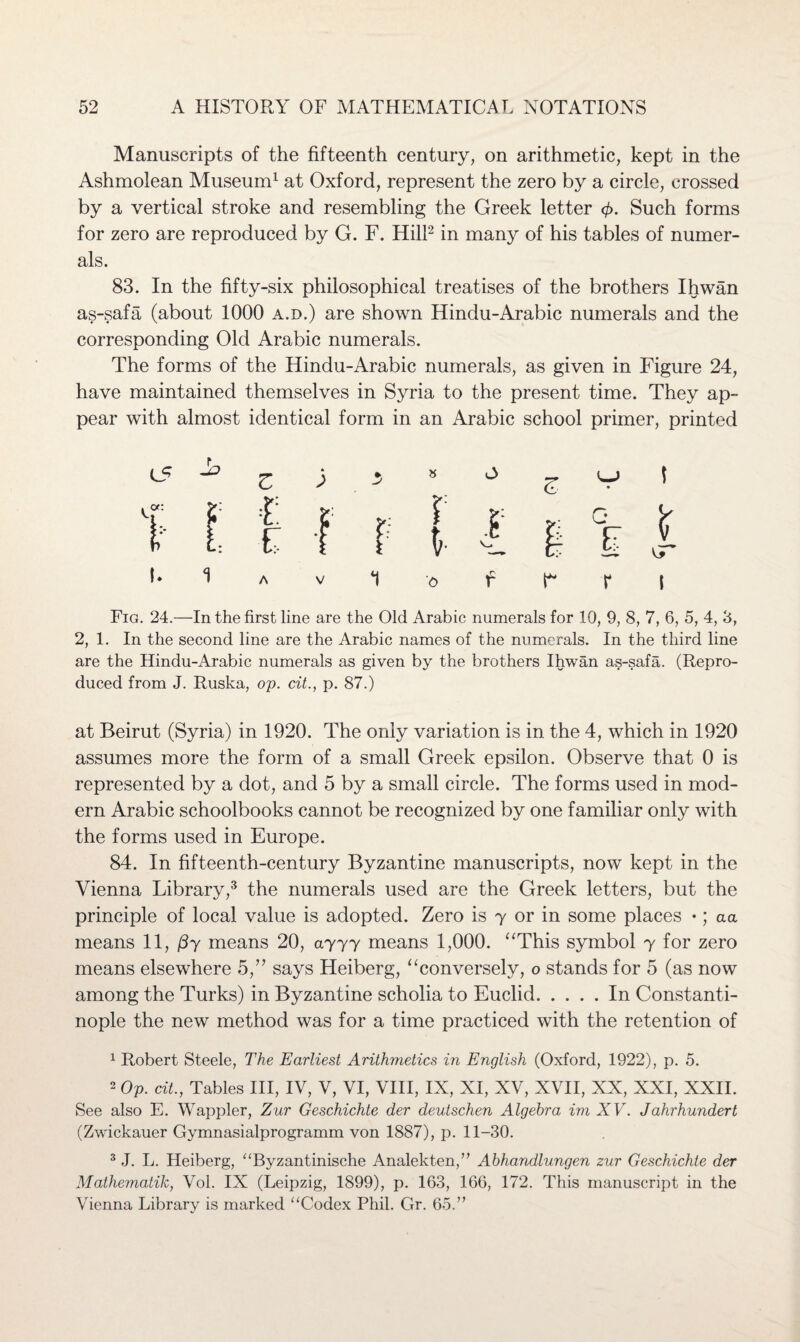 Manuscripts of the fifteenth century, on arithmetic, kept in the Ashmolean Museum1 at Oxford, represent the zero by a circle, crossed by a vertical stroke and resembling the Greek letter <f>. Such forms for zero are reproduced by G. F. Hill2 in many of his tables of numer¬ als. 83. In the fifty-six philosophical treatises of the brothers Ihwan as-safa (about 1000 a.d.) are shown Hindu-Arabic numerals and the corresponding Old Arabic numerals. The forms of the Hindu-Arabic numerals, as given in Figure 24, have maintained themselves in Syria to the present time. They ap¬ pear with almost identical form in an Arabic school primer, printed b i a v i o f c r j Fig. 24.—In the first line are the Old Arabic numerals for 10, 9, 8, 7, 6, 5, 4, 3, 2, 1. In the second line are the Arabic names of the numerals. In the third line are the Hindu-Arabic numerals as given by the brothers Ihwan as-safa. (Repro¬ duced from J. Ruska, op. tit., p. 87.) at Beirut (Syria) in 1920. The only variation is in the 4, which in 1920 assumes more the form of a small Greek epsilon. Observe that 0 is represented by a dot, and 5 by a small circle. The forms used in mod¬ ern Arabic schoolbooks cannot be recognized by one familiar only with the forms used in Europe. 84. In fifteenth-century Byzantine manuscripts, now kept in the Vienna Library,3 the numerals used are the Greek letters, but the principle of local value is adopted. Zero is 7 or in some places •; aa means 11, 0y means 20, ayyy means 1,000. “This symbol 7 for zero means elsewhere 5,” says Heiberg, “conversely, o stands for 5 (as now among the Turks) in Byzantine scholia to Euclid.In Constanti¬ nople the new method was for a time practiced with the retention of 1 Robert Steele, The Earliest Arithmetics in English (Oxford, 1922), p. 5. 2 Op. tit., Tables III, IV, V, VI, VIII, IX, XI, XV, XVII, XX, XXI, XXII. See also E. Wappler, Zur Geschichte der deutschen Algebra im XV. Jahrhundert (Zwickauer Gymnasialprogramm von 1887), p. 11-30. 3 J. L. Heiberg, “Byzantinische Analekten,” Abhandlungen zur Geschichte der Mathematik, Vol. IX (Leipzig, 1899), p. 163, 166, 172. This manuscript in the Vienna Library is marked “Codex Phil. Gr. 65.”