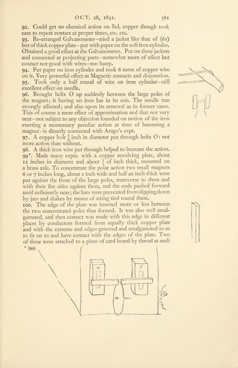 92. Could get no chemical action on Sul. copper though took care to repeat contact at proper times, etc. etc. 93. Re-arranged Galvanometer—tried a jacket like that of (61) but of thick copper plate—put with paper on the soft iron cylinder. Obtained a good effect at the Galvanometer. Put on three jackets and connected at projecting parts—somewhat more of effect but contact not good with wires—too hasty. 94. Put paper on iron cylinder and took 6 turns of copper wire on it. Very powerful effect at Magnetic contacts and disjunction. 95. Took only a half round of wire on iron cylinder—still excellent effect on needle. 96. Brought helix O up suddenly between the large poles of the magnet; it having no iron bar in its axis. The needle was strongly affected; and also upon its removal as in former cases. This of course a mere effect of approximation and that not very near—not subject to any objection founded on notion of the iron exerting a momentary peculiar action at time of becoming a magnet—is directly connected with Arago’s expt. 97. A copper bolt | inch in diameter put through helix O: not more action than without. 98. A thick iron wire put through helped to increase the action. 99*. Made many expts. with a copper revolving plate, about 12 inches in diameter and about | of inch thick, mounted on a brass axle. To concentrate the polar action two small magnets 6 or 7 inches long, about 1 inch wide and half an inch thick were put against the front of the large poles, transverse to them and with their flat sides against them, and the ends pushed forward until sufficiently near; the bars were prevented from slipping down by jars and shakes by means of string tied round them. 100. The edge of the plate was inserted more or less between the two concentrated poles thus formed. It was also well amal¬ gamated, and then contact was made with this edge in different places by conductors formed from equally thick copper plate and with the extreme end edges grooved and amalgamated so as to fit on to and have contact with the edges of the plate. Two of these were attached to a piece of card board by thread at such