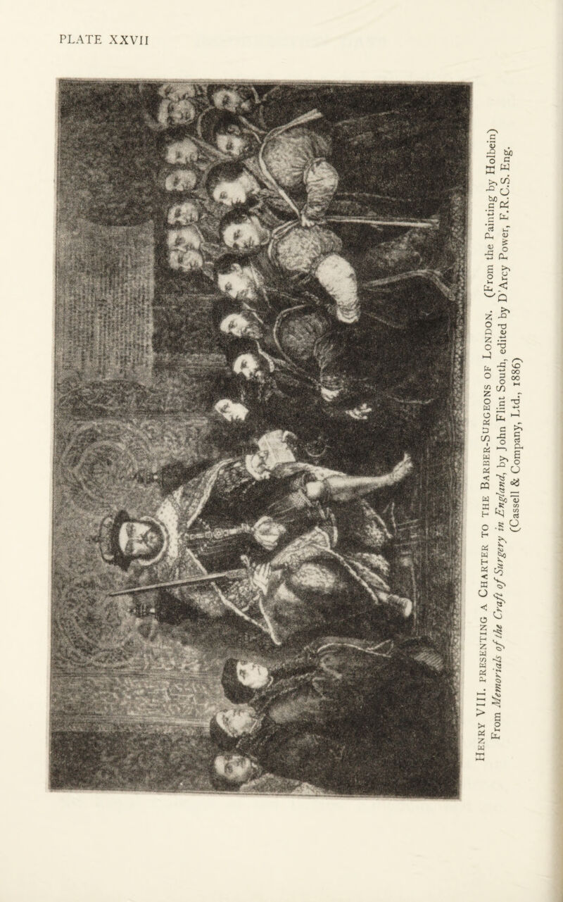 Hi-.nry VIII. presenting A Charter to the Barber-Surgeons of London. (From the Painting by Holbein) From Memorials of the Craft of Surgery in England, by John Flint South, edited by DArcy Power, F.R.C.S. Eng. (Cassell & Company, Ltd., 1886)