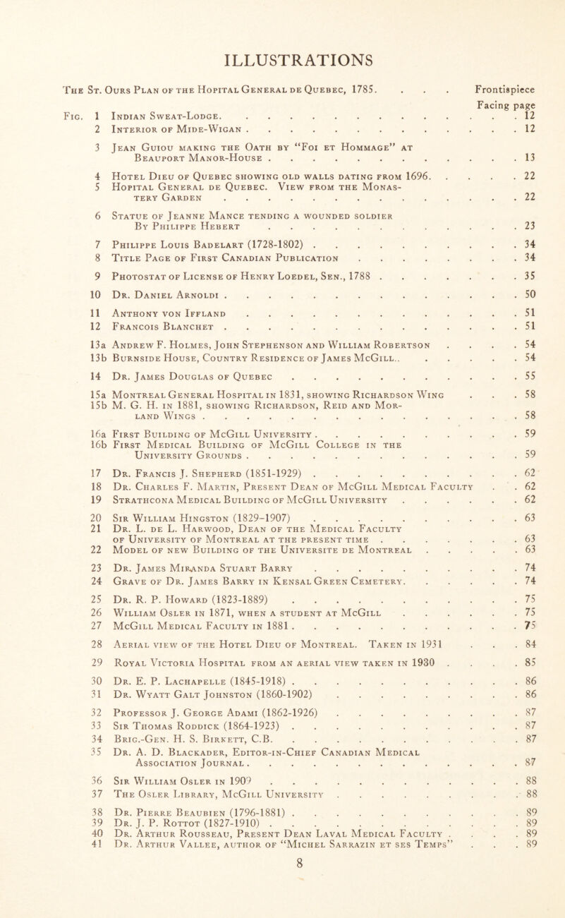 ILLUSTRATIONS The St. Ours Plan of the Hopital General de Quebec, 1785. . . . Frontispiece Facing page Fig. 1 Indian Sweat-Lodge..12 2 Interior of Mide-Wigan.12 3 Jean Guiou making the Oath by “Foi et Hommage” at Beauport Manor-House.13 4 Hotel Dieu of Quebec showing old walls dating from 1696. 22 5 Hopital General de Quebec. View from the Monas¬ tery Garden.22 6 Statue of Jeanne Mance tending a wounded soldier By Philippe Hebert.23 7 Philippe Louis Badelart (1728-1802). 34 8 Title Page of First Canadian Publication.34 9 Photostat of License of Henry Loedel, Sen., 1788 . 35 10 Dr. Daniel Arnoldi.50 11 Anthony von Iffland.51 12 Francois Blanchet.51 13a Andrew F. Holmes, John Stephenson and William Robertson . . . .54 13b Burnside House, Country Residence of James McGill...54 14 Dr. James Douglas of Quebec.55 15a Montreal General Hospital in 1831, showing Richardson Wing . . .58 15b M. G. H. in 1881, showing Richardson, Reid and Mor- land Wings..58 16a First Building of McGill University.59 16b First Medical Building of McGill College in the University Grounds.59 17 Dr. Francis J. Shepherd (1851-1929). 62 18 Dr. Charles F. Martin, Present Dean of McGill Medical Faculty . . 62 19 Strathcona Medical Building of McGill University.62 20 Sir William Hingston (1829-1907). 63 21 Dr. L. de L. Harwood, Dean of the Medical Faculty of University of Montreal at the present time.63 22 Model of new Building of the Universite de Montreal.63 23 Dr. James Miranda Stuart Barry.74 24 Grave of Dr. James Barry in Kensal Green Cemetery.74 25 Dr. R. P. Howard (1823-1889). 75 26 William Osler in 1871, when a student at McGill.75 27 McGill Medical Faculty in 1881.75 28 Aerial view of the Hotel Dieu of Montreal. Taken in 1931 . . .84 29 Royal Victoria Hospital from an aerial view taken in 1930 . . . .85 30 Dr. E. P. Lachapelle (1845-1918). 86 31 Dr. Wyatt Galt Johnston (1860-1902). 86 32 Professor J. George Adami (1862-1926). 87 33 Sir Thomas Roddick (1864-1923). 87 34 Bric.-Gen. H. S. Birkett, C.B.87 35 Dr. A. D. Blackader, Editor-in-Chief Canadian Medical Association Journal.87 36 Sir William Osler in 1909 88 37 The Osler Library, McGill University.88 38 Dr. Pierre Beaubien (1796-1881). 89 39 Dr. J. P. Rottot (1827-1910). 89 40 Dr. Arthur Rousseau, Present Dean Laval Medical Faculty . . . .89 41 Dr. Arthur Vallee, author of “Michel Sarrazin et ses Temps” . . .89