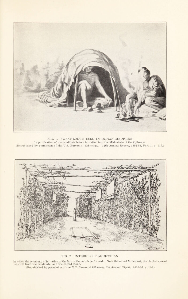 FIG. 1. SWEAT-LODGE USED IN INDIAN MEDICINE for purification of the candidate before initiation into the Midewiwin of the Ojibways. (Republished by permission of the U.S. Bureau of Ethnology. 14th Annual Report, 1892-93, Part 1, p. 117.) FIG. 2. INTERIOR OF MIDEWIGAN in which the ceremony of initiation of the future Shaman is performed. Note the sacred Mide-post, the blanket spread for gifts from the candidate, and the sacred stone. (Republished by permission of the U.S. Bureau of Ethnology, 7th Annual RSport, 1885-86, p. 188.)