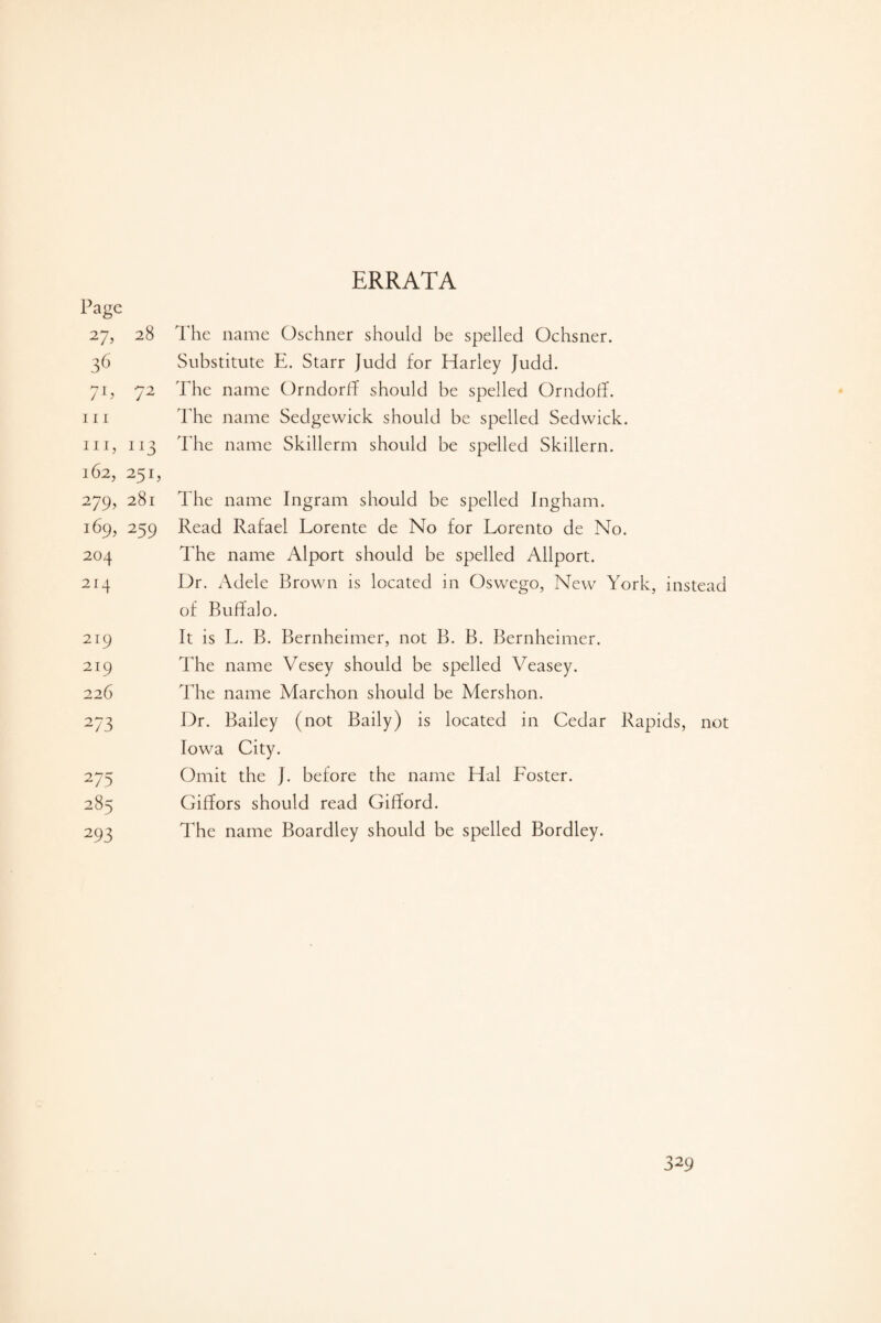 ERRATA Page 27, 28 36 7C 72 hi hi, 113 162, 251, 279, 281 169, 259 204 214 219 219 226 273 275 285 293 The name Oschner should be spelled Ochsner. Substitute E. Starr Judd for Harley Judd. The name Orndorff should be spelled Orndoff. The name Sedgewick should be spelled Sedwick. The name Skillerm should be spelled Skillern. The name Ingram should be spelled Ingham. Read Rafael Lorente de No for Lorento de No. The name Alport should be spelled Allport. Dr. Adele Brown is located in Oswego, New York, instead of Buffalo. It is L. B. Bernheimer, not B. B. Bernheimer. The name Vesey should be spelled Veasey. The name Marchon should be Mershon. Dr. Bailey (not Baily) is located in Cedar Rapids, not Iowa City. Omit the J. before the name Hal Foster. Giffors should read Gifford. The name Boardley should be spelled Bordley.