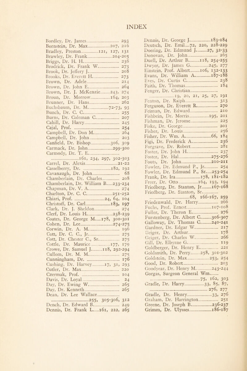 Bordley, Dr. James_ 293 Bornstein, Dr. Max_207, 216 Bradley, Preston_121, 127, 131 Brawley, Dr. Frank_204-205 Briggs, Dr. H. FI- 236 Brodrick, Dr. Frank W- 273 Brook, Dr. Jeffery J- 208 Brooks, Dr. Everett FI- 273 Brown, Dr. Adele_ 214 Brown, Dr. John E- 264 Brown, Dr. J. McKenzie_243, 274 Broun, Dr. Morrow_164, 203 Brunner, Dr. Flans_ 262 Buchsbaum, Dr. M_72,-73, 93 Bunch, Dr. C. C- 255 Burns, Dr. Coleman C_„_ 207 Cahill, Dr. Flarry_ 245 Cajal, Prof. - 254 Campbell, Dr. Don M_ 264 Campbell, Dr. John_ 203 Canfield, Dr. Bishop_306, 309 Carmack, Dr. John_299-300 Carmody, Dr. T. E- -161, 234, 297, 302-303 Carrel, Dr. Alexis_21-22 Casselberry, Dr. _182, 192 Cavanaugh, Dr. John_ 68 Chamberlain, Dr. Charles_ 208 Chamberlain, Dr. William B—233-234 Chapman, Dr. V. A_ 274 Charlton, Dr. C. C_251-252 Chiari, Prof. _24, 64, 104 Christoff, Dr. Carl_183, 197 Clark, Dr. J. Sheldon_ 274 Clerf, Dr. Louis H_238-239 Coates, Dr. George M.178, 300-301 Cohen, Dr. Lee_274-275 Corwin, Dr. A. M_ 196 Cott, Dr. C. C., Jr- 275 Cott, Dr. Chester C., Sr_ 275 Cottle, Dr. Maurice_177, 179 Crowe, Dr. Samuel J_118, 292-294 Cullom, Dr. M. M_ 275 Cunningham, Dr. _ 176 Cushing, Dr. Harvey_17, 31, 293 Cutler, Dr. Max_ 220 Czermak, Prof__ 104 Davis, Dr. Loyal_ 24 Day, Dr. Ewing W_ 265 Day, Dr. Kenneth_ 265 Dean, Dr. Lee Wallace_ -255, 305-306, 312 Dench, Dr. Edward B___ 249 Dennis, Dr. Frank L.161, 222, 265 Dennis, Dr. George J-183-184 Deutsch, Dr. Emil_72, 220, 228-229 Doering, Dr. Edmund J-27, 32-33 Donovan, Dr. John- 265 Duell, Dr. Ardiur B-118, 254-255 Dwyer, Dr. James G-245, 277 Einstein, Prof. Albert_106, 132-133 Evans, Dr. William A.-187-188 Eves, Dr. Curtis C- 238 Faith, Dr. Thomas_ 184 Fenger, Dr. Christian- _i9> 20, 25, 27, 191 Fenton, Dr. Ralph- 313 Ferguson, Dr. Everett R- 270 Feiman, Dr. Edward_ 210 Fishbein, Dr. Morris-195, 201 Fishman, Dr. Jerome- 225 Fiske, Dr. George- 201 Fisher, Dr. Louis- 256 Fisher, Dr. Wm. A-66, 184 Figi, Dr. Frederick A- 236 Forgrave, Dr. Robert_ 281 Foster, Dr. John H- 237 Foster, Dr. Flal_275-276 Fouts, Dr. John_210-211 Fowler, Dr. Edmund P., Jr- 254 Fowler, Dr. Edmund P., Sr—253-254 Frank, Dr. Ira_178, 181-182 Freer, Dr. Otto_164, 193, 194 Friedberg, Dr. Stanton, Jr-167-168 Friedberg, Dr. Stanton, Sr- _68, 166-167, 259 Friedenwald, Dr. Harry- 266 Fuchs, Prof. Ernest---107-108 Fuller, Dr. Theron E- 276 Furstenberg, Dr. Albert C-306-307 Galloway, Dr. Thomas C-240-241 Gardner, Dr. Edgar W- 217 Geiger, Dr. Arthur- 178 Geiger, Dr. Charles W- 266 Gill, Dr. Elbyrne G- 119 Goldberger, Dr. Henry E- 221 Goldsmith, Dr. Perry_258, 301-302 Goldstein, Dr. Max_253, 254 Good, Dr. Robert_ 203 Goodyear, Dr. Henry M-243-244 Gorgas, Surgeon General Wm- -75, 162, 303 Cradle, Dr. Harry-33, 85, 87, -.— --276, 277 Gradle, Dr. Henry-33, 276 Graham, Dr. Harrington_ 251 Greene, Dr. Joseph B-236-237 Grimm, Dr. Ulysses..186-187