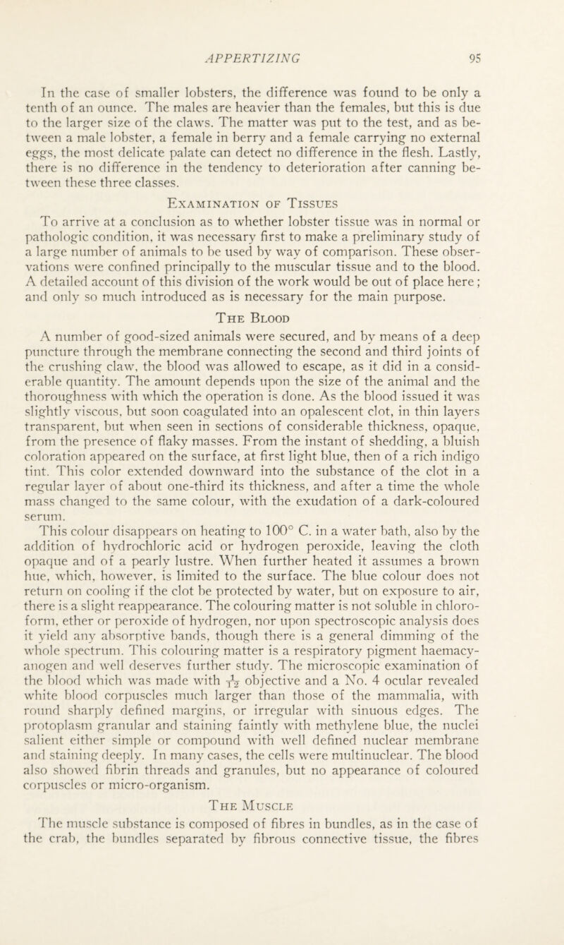 In the case of smaller lobsters, the difference was found to be only a tenth of an ounce. The males are heavier than the females, but this is due to the larger size of the claws. The matter was put to the test, and as be¬ tween a male lobster, a female in berry and a female carrying no external eggs, the most delicate palate can detect no difference in the flesh. Lastly, there is no difference in the tendency to deterioration after canning be¬ tween these three classes. Examination of Tissues To arrive at a conclusion as to whether lobster tissue was in normal or pathologic condition, it was necessary first to make a preliminary study of a large number of animals to be used by way of comparison. These obser¬ vations were confined principally to the muscular tissue and to the blood. A detailed account of this division of the work would be out of place here; and only so much introduced as is necessary for the main purpose. The Blood A number of good-sized animals were secured, and by means of a deep puncture through the membrane connecting the second and third joints of the crushing claw, the blood was allowed to escape, as it did in a consid¬ erable quantity. The amount depends upon the size of the animal and the thoroughness with which the operation is done. As the blood issued it was slightly viscous, but soon coagulated into an opalescent clot, in thin layers transparent, hut when seen in sections of considerable thickness, opaque, from the presence of flaky masses. From the instant of shedding, a bluish coloration appeared on the surface, at first light blue, then of a rich indigo tint. This color extended downward into the substance of the clot in a regular layer of about one-third its thickness, and after a time the whole mass changed to the same colour, with the exudation of a dark-coloured serum. This colour disappears on heating to 100° C. in a water bath, also by the addition of hydrochloric acid or hydrogen peroxide, leaving the cloth opaque and of a pearly lustre. When further heated it assumes a brown hue, which, however, is limited to the surface. The blue colour does not return on cooling if the clot be protected by water, but on exposure to air, there is a slight reappearance. The colouring matter is not soluble in chloro¬ form, ether or peroxide of hydrogen, nor upon spectroscopic analysis does it yield any absorptive bands, though there is a general dimming of the whole s])ectrum. This colouring matter is a respiratory pigment haemacy- anogen and well deserves further study. The microscopic examination of the blood which was made with yV objective and a No. 4 ocular revealed white blood corpuscles much larger than those of the mammalia, with round sharply defined margins, or irregular with sinuous edges. The ])rotoplasm granular and staining faintly with methylene blue, the nuclei salient either simple or compound with well defined nuclear membrane and staining deeply. In many cases, the cells were multinuclear. The blood also showed fibrin threads and granules, but no appearance of coloured corpuscles or micro-organism. The Muscle The muscle substance is composed of fibres in bundles, as in the case of the crab, the bundles separated by fibrous connective tissue, the fibres