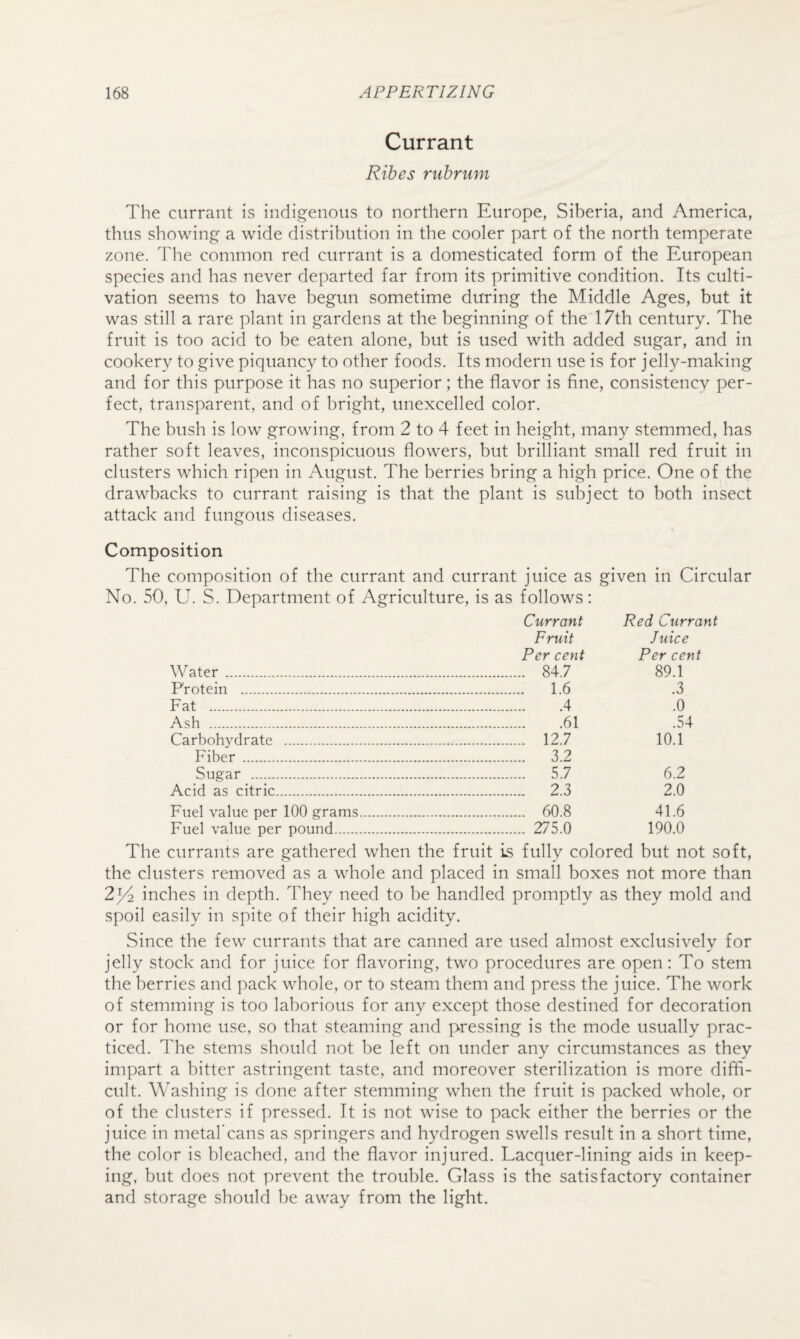 Currant Ribes rubriim The currant is indigenous to northern Europe, Siberia, and America, thus showing a wide distribution in the cooler part of the north temperate zone. The common red currant is a domesticated form of the European species and has never departed far from its primitive condition. Its culti¬ vation seems to have begun sometime during the Middle Ages, but it was still a rare plant in gardens at the beginning of the 17th century. The fruit is too acid to be eaten alone, but is used with added sugar, and in cookery to give piquancy to other foods. Its modern use is for jelly-making and for this purpose it has no superior; the flavor is fine, consistencv per¬ fect, transparent, and of bright, unexcelled color. The bush is low growing, from 2 to 4 feet in height, many stemmed, has rather soft leaves, inconspicuous flowers, but brilliant small red fruit in clusters which ripen in August. The berries bring a high price. One of the drawbacks to currant raising is that the plant is subject to both insect attack and fungous diseases. Composition The composition of the currant and currant juice as given in Circular No. 50, U. S. Department of Agriculture, is as follows: Currant Red Currant Fruit Juice Per cent Per cent Water . . 84.7 89.1 Protein . . 1.6 .3 Fat . .4 .0 Ash . ...61 .54 Carbohydrate .. . 12.7 10.1 Fiber . . 3.2 Sugar . . 5.7 6.2 Acid as citric.. . 2.3 2.0 Fuel value per 100 grams. . 60.8 41.6 Fuel value per pound.. . 275.0 190.0 The currants are gathered when the fruit is fully colored but not soft, the clusters removed as a whole and placed in small boxes not more than 2^ inches in depth. They need to be handled promptly as they mold and spoil easily in spite of their high acidity. Since the few currants that are canned are used almost exclusively for jelly stock and for juice for flavoring, two procedures are open: To stem the berries and pack whole, or to steam them and press the juice. The work of stemming is too laborious for any except those destined for decoration or for home use, so that steaming and pressing is the mode usually prac¬ ticed. The stems should not be left on under any circumstances as they impart a bitter astringent taste, and moreover sterilization is more diffi¬ cult. Washing is done after stemming when the fruit is packed whole, or of the clusters if pressed. It is not wise to pack either the berries or the juice in metal’cans as springers and hydrogen swells result in a short time, the color is bleached, and the flavor injured. Lacquer-lining aids in keep¬ ing, but does not prevent the trouble. Glass is the satisfactory container and storage should be away from the light.