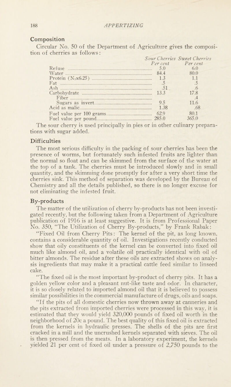 Composition Circular No. 50 of the Department of Agriculture gives the composi¬ tion of cherries as follows: Refuse . Water . Protein (Nl>x6.25) . Fat . Ash . Carbohydrate . Fiber . Sugars as invert. Acid as malic. Fuel value per lOO grams Fuel value per pound. Sour Cherries Szveet Cherries Pereent Pereent 5.0 6.0 80.0 84.4 1.3 .5 .51 13.3 9.5 1.38 62.9 285.0 1.1 .5 .6 17.8 .4 11.6 .68 80.1 365.0 The sour cherry is used principally in pies or in other culinary prepara¬ tions with sugar added. Difficulties The most serious difficulty in the packing of sour cherries has been the presence of worms, but fortunately such infested fruits are lighter than the normal so float and can he skimmed from the surface of tlie water at the top of a tank. The cherries must be introduced slowly and in small quantity, and the skimming done promptly for after a very short time the cherries sink. This method of separation was developed by the Bureau of Chemistry and all the details published, so there is no longer excuse for not eliminating the infested fruit. By-products The matter of the utilization of cherry by-products has not been investi¬ gated recently, but the following taken from a Department of Agriculture publication of 1916 is at least suggestive. It is from Professional Paper No. 350, “The Utilization of Cherry By-products,” by Frank Rabak: “Fixed Oil from Cherry Pits: The kernel of the pit, as long known, contains a considerable quantity of oil. Investigations recently conducted show that oily constituents of the kernel can be converted into fixed oil much like almond oil, and a volatile oil practically identical with oil of bitter almonds. The residue after these oils are extracted shows on analy¬ sis ingredients that may make it a practical cattle feed similar to linseed cake. “The fixed oil is the most important by-product of cherry pits. It has a golden yellow color and a pleasant nut-like taste and odor. In character, it is so closely related to imported almond oil that it is believed to possess similar possibilities in the commercial manufacture of drugs, oils and soaps. “If the pits of all domestic cherries now thrown away at canneries and the pits extracted from imported cherries were processed in this way, it is estimated that they would yield 320,000 pounds of fixed oil worth in the neighborhood of 20c a pound. The best quality of this fixed oil is extracted from the kernels in hydraulic presses. The shells of the pits are first cracked in a mill and the uncrushed kernels separated with sieves. The oil is then pressed from the meats. In a laboratory experiment, the kernels yielded 21 per cent of fixed oil under a pressure of 2,750 pounds to the