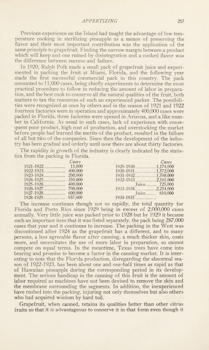 Previous experience on the Island had taught the advantage of low tem¬ perature cook'ing in sterilizing pineapple as a means of preserving the flavor and their most important contribution was the application of the same principle to grapefruit. Finding the narrow margin between a product which will keep and one ruined by disintegration and a cooked flavor was the difference between success and failure. In 1920, Ral])h Polk made a small pack of grapefruit juice and experi¬ mented in packing the fruit at Miami, Florida, and the following year made the first successful commercial pack in this country. The pack amounted to 11,000 cases, being chiefly experiments to determine the most practical procedure to follow in reducing the amount of labor in prepara¬ tion, and the best cook to conserve all the natural qualities of the fruit, both matters to tax the resources of such an experienced packer. The possibili¬ ties were recognized at once by others and in the season of 1921 and 1922 fourteen factories were in operation and approximately 400,000 cases were packed in Florida, three factories were opened in Arizona, and a like num¬ ber in California. As usual in such cases, lack of experience with conse¬ quent poor product, high cost of production, and overstocking the market before people had learned the merits of the product, resulted in the failure of all but two of the companies. Since then the development of the indus¬ try has been gradual and orderly until now there are about thirty factories. The rapidity in growth of the industry is clearly indicated by the statis¬ tics from the packing in Florida. Cases Cases 1921-1922.. . 11,000 1929-1930. .1,174,000 1922-1923. . 400,000 1930-1931. .1,572,000 1923-1924. . 200,000 1931-1932. .1,598,000 1924-1925. . 350,000 1932-1933. .2,161,000 1925-1926. . 400,000 Juice. . 725,000 1926-1927. . 700,000 1933-1934. .2,254,000 1927-1928. . 600,000 Juice. . 610,000 1928-1929. . 957,000 1934-1935. The increase continues though not so rapidly, the total quantity for Florida and Porto Rico since 1929 being in excess of 2,000,000 cases annually. Very little juice was packed prior to 1928 but by 1929 it became such an important item that it was listed separately, the pack being 287,000 cases that year and it continues to increase. The packing in the West was discontinued after 1924 as the grapefruit has a different, and to many persons, a less agreeable ffavor after canning, a much thicker skin, costs more, and necessitates the use of more labor in preparation, so cannot compete on equal terms. In the meantime, Texas trees have come into bearing and promise to become a factor in the canning market. It is inter¬ esting to note that the Flor’da production, disregarding the abnormal sea¬ son of 1922-1923, has been about one and one-half times as rapid as that of Hawaiian pineapple during the corresponding period in its develop¬ ment. The serious handicap in the canning of this fruit is the amount of labor required as machines have not been devised to remove the skin and the membrane surrounding the segments. In addition, the inexperienced have rushed into the packing, injuring not only themselves but also others who had acquired wisdom by hard toil. Grapefruit, when canned, retains its qualities better than other citrus fruits so that it is advantageous to conserve it in that form even though it