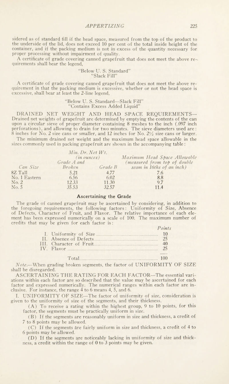 sidereci as of standard fill if the head space, measured from the top of the product to the underside of the lid, does not exceed 10 per cent of the total inside height of the container, and if the packing medium is not in excess of the quantity necessary for proper processing without impairment of (luality. A certificate of grade covering canned grapefruit that does not meet the above re¬ quirements shall bear the legend, Below U. S. Standard Slack Fill” A certificate of grade covering canned grapefruit that does not meet the above re¬ quirement in that the packing medium is excessive, whether or not the head space is excessive, shall bear at least the 2-line legend, Below U. S. Standard—Slack Fill” Contains Excess Added Liquid” DRAINED NET WEIGHT AND HEAD SPACE REQUIREMENTS— Drained net weights of grapefruit are determined by emptying the contents of the can upon a circular sieve of proper diameter containing 8 meshes to the inch (.097 inch perforations), and allowing to drain for two minutes. The sieve diameters used are: 8 inches for No. 2 size cans or smaller, and 12 inches for No. 2^2 size cans or larger. The minimum drained net weight and the maximum head space allowable in the sizes commonly used in packing grapefruit are shown in the accompanying table : Min. Dr. Net VVt. (in 0 Grade A and unces) Maximum Head Space Allozvable (measured from top of doulde Can Size Broken Grade B seam in 16ths of an inch) 8Z Tall 5.21 4.77 7.6 No. 1 Eastern 6.56 6.02 8.8 No. 2 12.33 11.30 9.7 No. 5 35.53 32.57 11.4 Ascertaining the Grade The grade of canned grapefruit may be ascertained by considering, in addition to the foregoing requirements, the following factors : Uniformity of Size, Absence of Defects, Character of Emit, and Flavor. The relative importance of each ele¬ ment has been expressed numerically on a scale of 100. The maximum number of credits that may be given for each factor is : Points I. Uniformity of Size. 10 11. Absence of Defects. 25 HI. Character of Fruit. 40 IV. Flavor. 25 Total. 100 Note.—When grading broken segments, the factor of UNIFORMITY OF SIZE shall be disregarded. ASCERTAINING THE RATING EOR EACH FACTOR—The essential vari¬ ations within each factor are so described that the value may be ascertained for each factor and expressed numerically. The numerical ranges within each factor are in¬ clusive. For instance, the range 4 to 6 means 4, 5, and 6. I. UNIFORMITY OF SIZE—The factor of uniformity of size, consideration is given to the uniformity of size of the segments, and their thickness. (A) To receive a rating within the highest group, 9 to 10 points, for this factor, the segments must be practically uniform in size. f B) If the segments are reasonably uniform in size and thickness, a credit of 7 to 8 points may be allowed. (C) If the segments dre fairly uniform in size and thickness, a credit of 4 to 6 points may be allowed. (D) If the segments are noticeably lacking in uniformity of size and thick¬ ness, a credit within the range of 0 to 3 points may be given.
