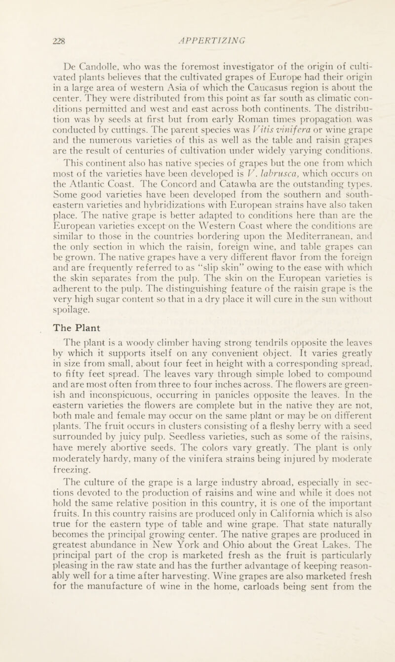 lOe Candolle, who was the foremost investigator of the origin of culti¬ vated jdants believes that the cultivated gra]:)es of Europe had their origin in a large area of western Asia of which the Caucasus region is about the center. They were distributed from this point as far south as climatic con¬ ditions ])ermitted and west and east across both continents. The distribu¬ tion was by seeds at first but from early Roman times ])ropagation was conducted by cuttings. The parent species was Iritis viuifera or wine grape and the numerous varieties of this as well as the table and raisin grapes are the result of centuries of cultivation under widely varying conditions. This continent also has native species of gra]x\s hut the one from which most of the varieties have been developed is V. lahrusca, which occurs on the Atlantic Coast. The Concord and Catawba are the outstanding types. Some good varieties have been developed from the southern and south¬ eastern varieties and hybridizations with European strains have also taken place. The native grape is better adapted to conditions here than are the European varieties except on the Western Coast where the conditions are similar to those in the countries bordering upon the Alediterranean, and the only section in which the raisin, foreign wine, and table grapes can be grown. The native grapes have a very dififerent flavor from the foreign and are frequently referred to as “slip skin” owing to the ease with which the skin se]:)arates from the pulp. The skin on the European varieties is adherent to the pulp. The distinguishing feature of the raisin grape is the very high sugar content so that in a dry place it will cure in the sun without spoilage. The Plant The plant is a woody climber having strong tendrils opposite the leaves by which it supports itself on any convenient object. It varies greatly in size from small, about four feet in height with a corresponding spread, to fifty feet spread. The leaves vary through simple lohed to com])ound and are most often from three to four inches across. The flowers are green¬ ish and inconspicuous, occurring in panicles opposite the leaves. In the eastern varieties the flowers are complete but in the native they are not, both male and female may occur on the same plant or may he on dififerent plants. The fruit occurs in clusters consisting of a fleshy berry with a seed surrounded by juicy pulp. Seedless varieties, such as some of the raisins, have merely abortive seeds. The colors vary greatly. The plant is only moderately hardy, many of the vinifera strains being injured by moderate freezing. The culture of the grape is a large industry abroad, especially in sec¬ tions devoted to the production of raisins and wine and while it does not hold the same relative position in this country, it is one of the important fruits. In this country raisins are imoduced only in California which is also true for the eastern type of table and wine grape. That state naturally becomes the i)rincipal growing center. The native grapes are produced in greatest abundance in New York and Ohio about the Great Eakes. The principal part of the crop is marketed fresh as the fruit is ])articularly pleasing in the raw state and has the further advantage of keeping reason¬ ably well for a time after harvesting. Wine grapes are also marketed fresh for the manufacture of wine in the home, carloads being sent from the