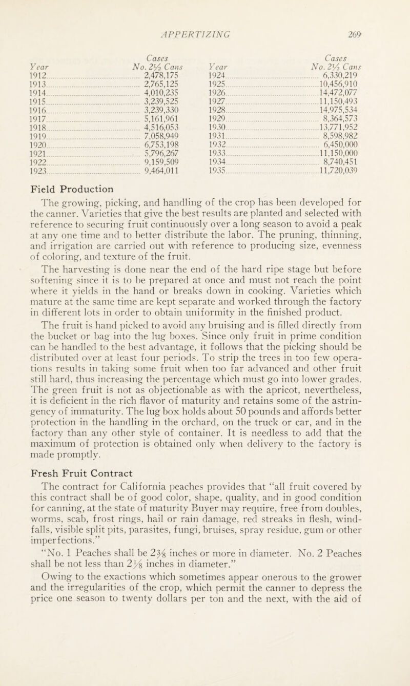 Cases C ases Year No. 2^ Cans ) Var No. 21/2 Ca)is 1912. . 2,478.175 1924. . 6,330,219 1913. . 2,765,125 1925. .10,456,910 1914. . 4,010.235 1926. . 14,472,077 1915. . 3,239,525 1927. .11,150,493 1916. . 3,239,330 1928. ..14,975,534 1917. . 5,161,961 1929. . 8,.364.573 1918. . 4,516,053 1930. .13,771,952 1919. . 7,058,949 1931. . 8,598,982 1920. . 6,753,198 1932. . 6.450.000 1921. .. 5,796,267 1933. .11,150,000 1922. . 9,159,509 1934. . 8,740,451 1923. . 9,464,011 1935. .-.11,720,039 Field Production The ,e:ro\vino-, picking, and handling of the crop has been developed for the canner. Varieties that give the best results are planted and selected with reference to securing fruit continuously over a long season to avoid a peak at any one time and to better distribute the labor. The pruning, thinning, and irrigation are carried out with reference to producing size, evenness of coloring, and texture of the fruit. The harvesting is done near the end of the hard ripe stage but before softening since it is to be prepared at once and must not reach the point where it yields in the hand or breaks down in cooking. Varieties which mature at the same time are kept separate and worked through the factory in different lots in order to obtain uniformity in the finished product. The fruit is hand picked to avoid any bruising and is filled directly from the bucket or bag into the lug boxes. Since only fruit in prime condition can be handled to the best advantage, it follows that the picking should be distributed over at least four periods. To strip the trees in too few opera¬ tions results in taking some fruit when too far advanced and other fruit still hard, thus increasing the percentage which must go into lower grades. The green fruit is not as objectionable as with the apricot, nevertheless, it is deficient in the rich flavor of maturity and retains some of the astrin- gency of immaturity. The lug box holds about 50 pounds and affords better ])rotection in the handling in the orchard, on the truck or car, and in the factory than any other style of container. It is needless to add that the maximum of protection is obtained only when delivery to the factory is made promptly. Fresh Fruit Contract The contract for California peaches provides that “all fruit covered by this contract shall be of good color, shape, quality, and in good condition for canning, at the state of maturity Buyer may require, free from doubles, worms, scab, frost rings, hail or rain damage, red streaks in flesh, wind¬ falls. visible split pits, parasites, fungi, bruises, spray residue, gum or other imperfections.” “Xo. 1 Peaches shall be 2^ inches or more in diameter. No. 2 Peaches shall be not less than 2^ inches in diameter.” Owing to the exactions which sometimes appear onerous to the grower and the irregularities of the crop, which permit the canner to depress the price one season to twenty dollars per ton and the next, with the aid of