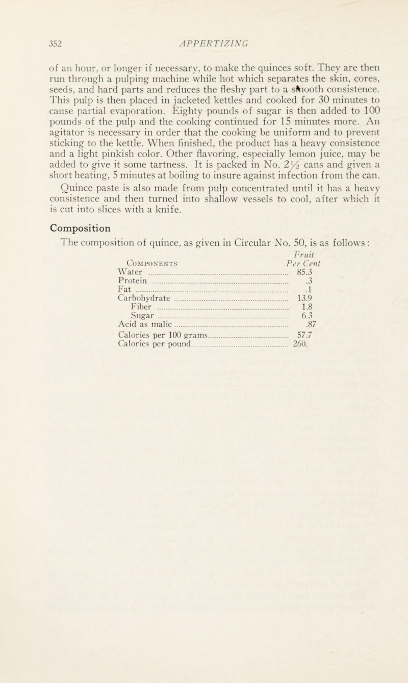 of an hour, or longer if necessary, to make the quinces soft. They are then run through a pulping machine while hot which separates the skin, cores, seeds, and hard parts and reduces the fleshy part to a s^nooth consistence. This pulp is then placed in jacketed kettles and cooked for 30 minutes to cause partial evaporation. Eighty pounds of sugar is then added to 100 ])ounds of the pulp and the cooking continued for 15 minutes more. An agitator is necessary in order that the cooking be uniform and to prevent sticking to the kettle. When finished, the product has a heavy consistence and a light pinkish color. Other flavoring, esjiecially lemon juice, may lie added to give it some tartness. It is packed in No. 21/2 cans and given a short heating, 5 minutes at boiling to insure against infection from the can. Quince paste is also made from pulp concentrated until it has a heavy consistence and then turned into shallow vessels to cool, after which it is cut into slices with a knife. Composition The composition of quince, as given in Circular No. 50, is as follows : Fruit Components Per Cent Water . 85.3 Protein .3 Fat .1 Carbohydrate . 13.9 Fiber . 1.8 Sugar. 6.3 Acid as malic.87 Calories per 100 grams. 57.7 Calories per pound. 260.