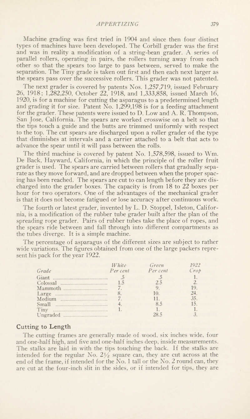 Machine ^radin^ was first tried in 1904 and since then four distinct ty]:)es of machines have been developed. The Corbill ,£^rader was the first and was in reality a modification of a string-bean grader. A series of parallel rollers, operating in pairs, the rollers turning away from each other so that the spears too large to pass between, served to make the separation. The Tiny grade is taken out first and then each next larger as the spears pass over the successive rollers. This grader was not patented. The next grader is covered by patents Nos. 1,257,719, issued February 26, 1918; 1,282,250, October 22, 1918, and l,v333,858, issued March 16, 1920, is for a machine for cutting the asparagus to a predetermined length and grading it for size. Patent No. 1,299,198 is for a feeding attachment for the grader. These patents were issued to D. Low and A. R. Thompson, San Jose, California. The spears are worked crosswise on a belt so that the tips touch a guide and the butts are trimmed uniformly with respect to the top. The cut spears are discharged upon a roller grader of the type that diminishes at intervals and a carrier attached to a belt that acts to advance the spear until it will pass between the rolls. The third machine is covered by patent No. 1,578,598, issued to Wm. De Back, Hayward, California, in which the principle of the roller fruit grader is used. The spears are carried between rollers that gradually sepa¬ rate as they move forward, and are dropped between when the proper spac¬ ing has been reached. The spears are cut to can length before they are dis¬ charged into the grader boxes. The capacity is from 18 to 22 boxes per hour for two operators. One of the advantages of the mechanical grader is that it does not become fatigued or lose accuracy after continuous work. The fourth or latest grader, invented by L. D. Stoppel, Isleton, Califor¬ nia, is a modification of the rubber tube grader built after the plan of the spreading rope grader. Pairs of rubber tubes take the place of ropes, and the spears ride between and fall through into dififerent compartments as the tubes diverge. It is a simple machine. The percentage of asparagus of the different sizes are subject to rather wide variations. The figures obtained from one of the large packers repre¬ sent his pack for the year 1922. White Green 1922 Grade Per cent Per cent Crop Giant . .5 .5 1. Colossal . . 1.5 2.5 2. Mammoth . . 7. 9. 19. Large . . 8. 10. 24. Medium . . 7. 11. 35. Small . . 4. 8.5 15. Tinv . . 1. 1. 1. Ungraded . 28.5 3. Cutting to Length The cutting frames are generally made of wood, six inches wide, four and one-half high, and five and one-half inches dee]), inside measurements. The stalks are laid in with the ti])s touching the back. I f the stalks are intended for the regular No. 2p^ square can, they are cut across at the end of the frame, if intended for the No. 1 tall or the No. 2 round can, they are cut at the four-inch slit in the sides, or if intended for tips, they are